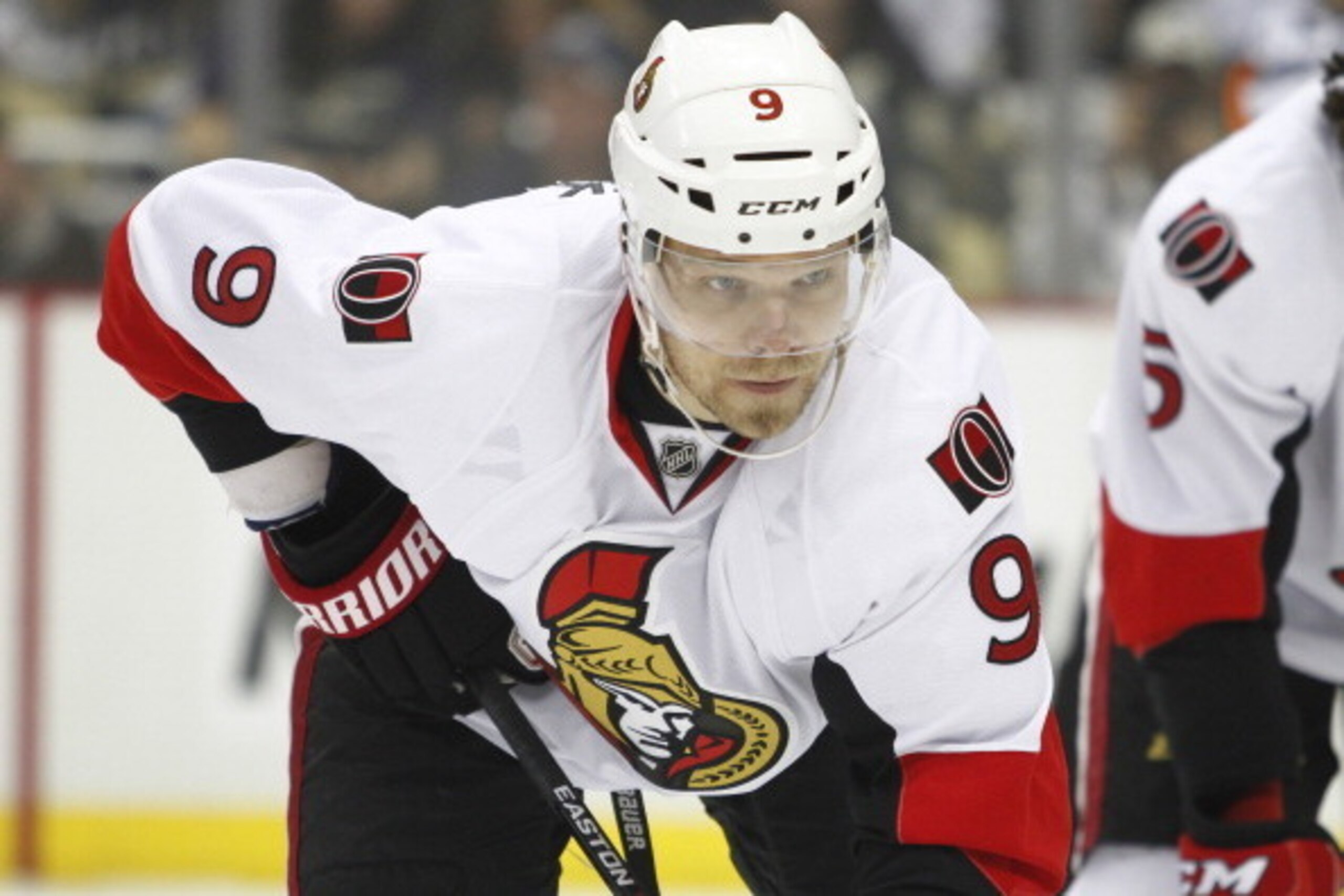 PITTSBURGH, PA - APRIL 13:  Milan Michalek #9 of the Ottawa Senators skates against the Pittsburgh Penguins during the game at Consol Energy Center on April 13, 2014 in Pittsburgh, Pennsylvania.  (Photo by Justin K. Aller/Getty Images)