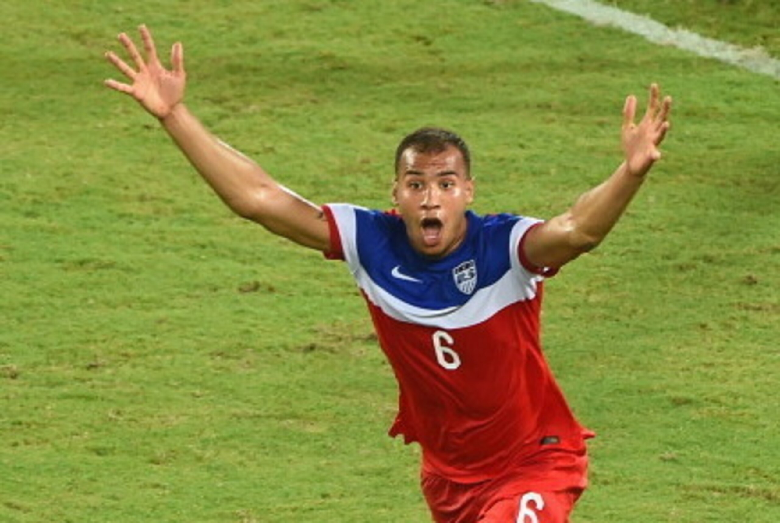 NATAL, BRAZIL - JUNE 16:  John Brooks of the United States celebrates after scoring his team's second goal during the 2014 FIFA World Cup Brazil Group G match between Ghana and the United States at Estadio das Dunas on June 16, 2014 in Natal, Brazil.  (Ph