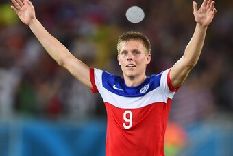 NATAL, BRAZIL - JUNE 16: Aron Johannsson of the United States celebrates after defeating Ghana 2-1 during the 2014 FIFA World Cup Brazil Group G match between Ghana and the United States at Estadio das Dunas on June 16, 2014 in Natal, Brazil.  (Photo by J