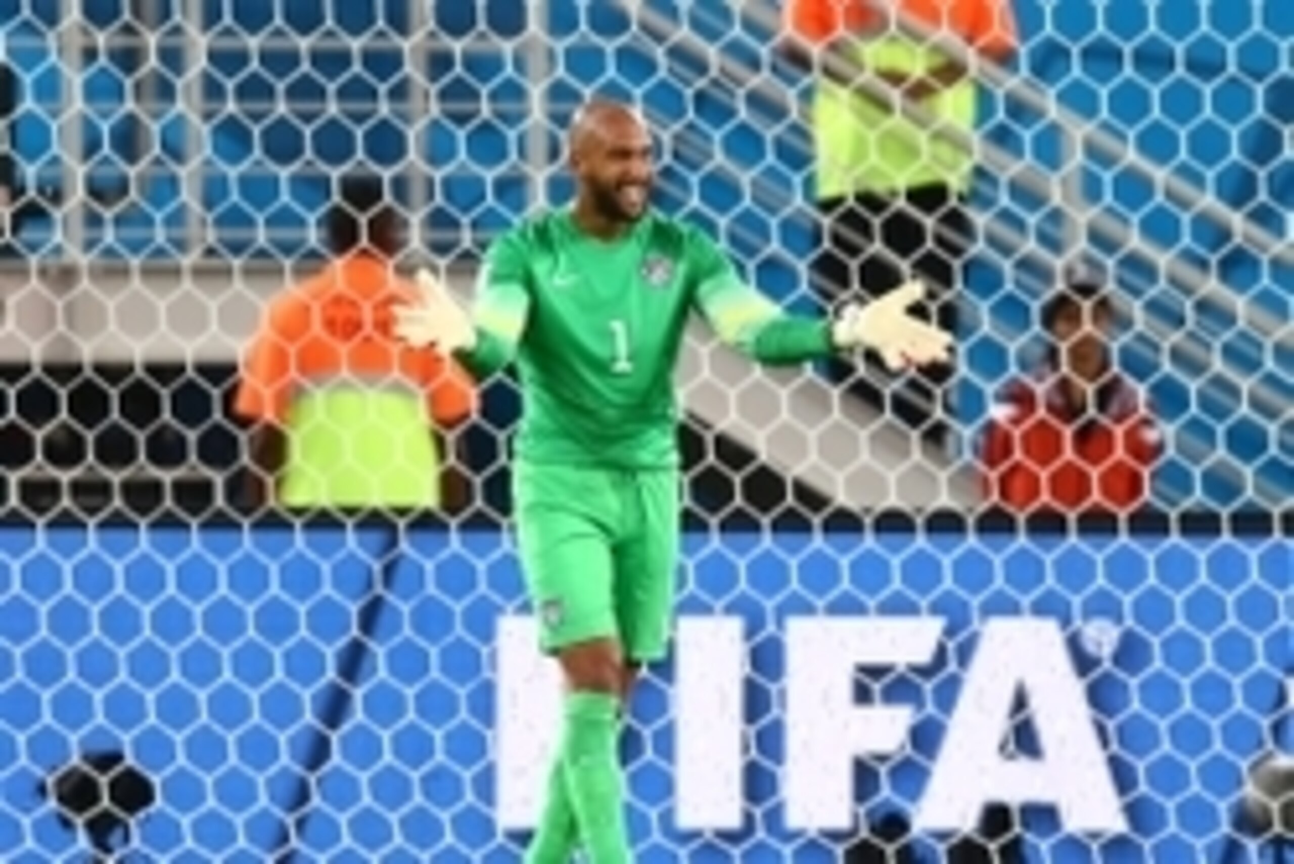 Jun 16, 2014; Natal, BRAZIL; USA goalkeeper Tim Howard reacts after save in the second half against Ghana during the 2014 World Cup at Estadio das Dunas. USA defeated Ghana 2-1. Mandatory Credit: Mark J. Rebilas-USA TODAY Sports