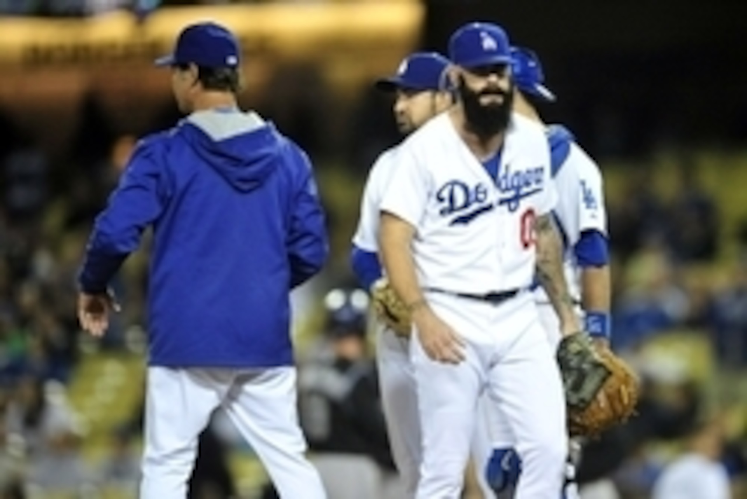 April 26, 2014; Los Angeles, CA, USA; Los Angeles Dodgers relief pitcher Brian Wilson (00) is relieved in the ninth inning at Dodger Stadium. Mandatory Credit: Gary Vasquez-USA TODAY Sports