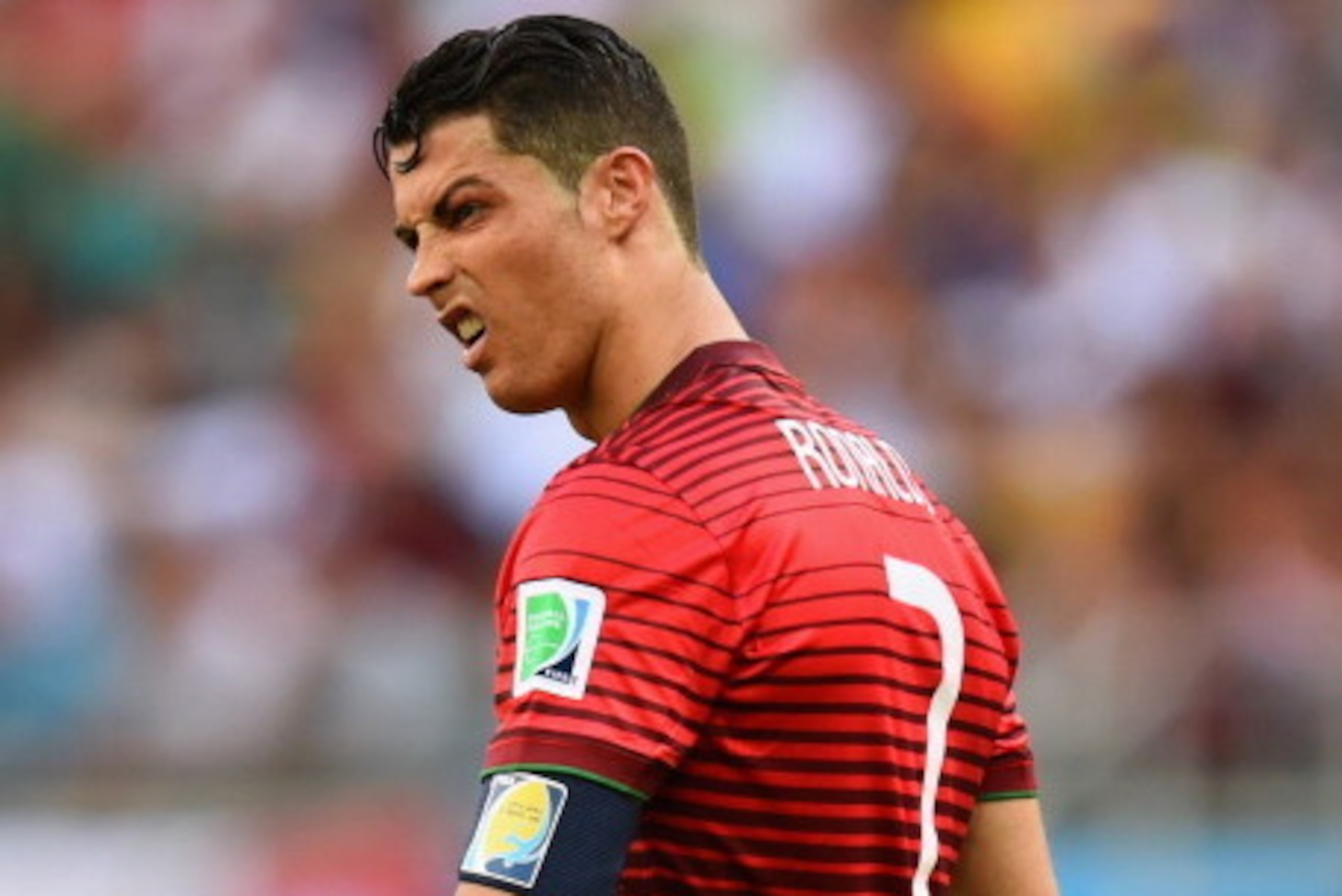 SALVADOR, BRAZIL - JUNE 16: Cristiano Ronaldo of Portugal reacts during the 2014 FIFA World Cup Brazil Group G match between Germany and Portugal at Arena Fonte Nova on June 16, 2014 in Salvador, Brazil.  (Photo by Stu Forster/Getty Images)