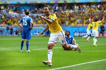 BELO HORIZONTE, BRAZIL - JUNE 14:  Abel Aguilar of Colombia celebrates his team's second goal by Teofilo Gutierrez (not pictured) during the 2014 FIFA World Cup Brazil Group C match between Colombia and Greece at Estadio Mineirao on June 14, 2014 in Belo 