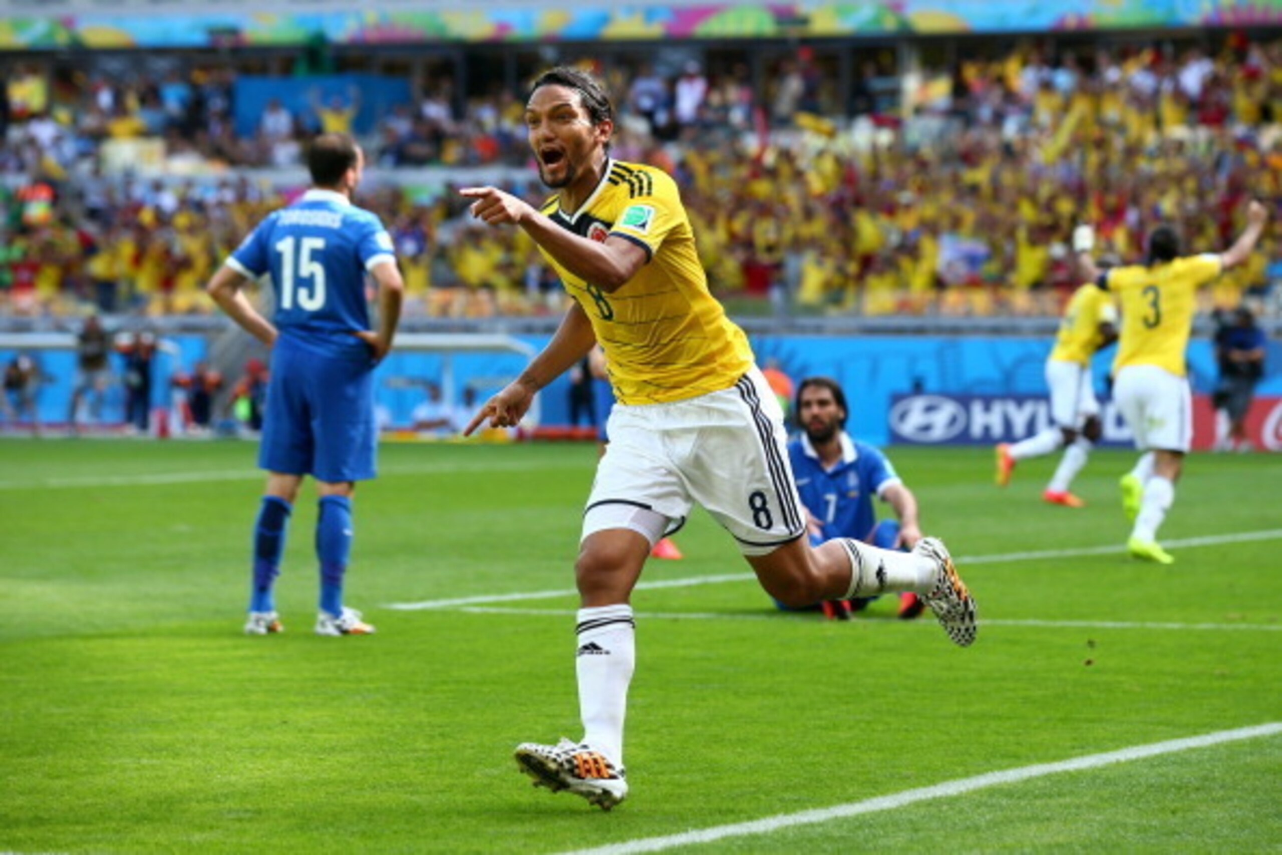 BELO HORIZONTE, BRAZIL - JUNE 14:  Abel Aguilar of Colombia celebrates his team's second goal by Teofilo Gutierrez (not pictured) during the 2014 FIFA World Cup Brazil Group C match between Colombia and Greece at Estadio Mineirao on June 14, 2014 in Belo 
