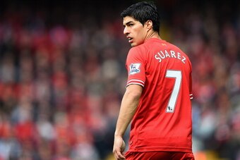 LIVERPOOL, ENGLAND - MAY 11:  Luis Suarez of Liverpool looks on during the Barclays Premier League match between Liverpool and Newcastle United at Anfield on May 11, 2014 in Liverpool, England.  (Photo by Laurence Griffiths/Getty Images)