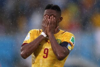 NATAL, BRAZIL - JUNE 13:  Samuel Eto'o of Cameroon reacts after a missed chance during the 2014 FIFA World Cup Brazil Group A match between Mexico and Cameroon at Estadio das Dunas on June 13, 2014 in Natal, Brazil.  (Photo by Clive Rose/Getty Images)