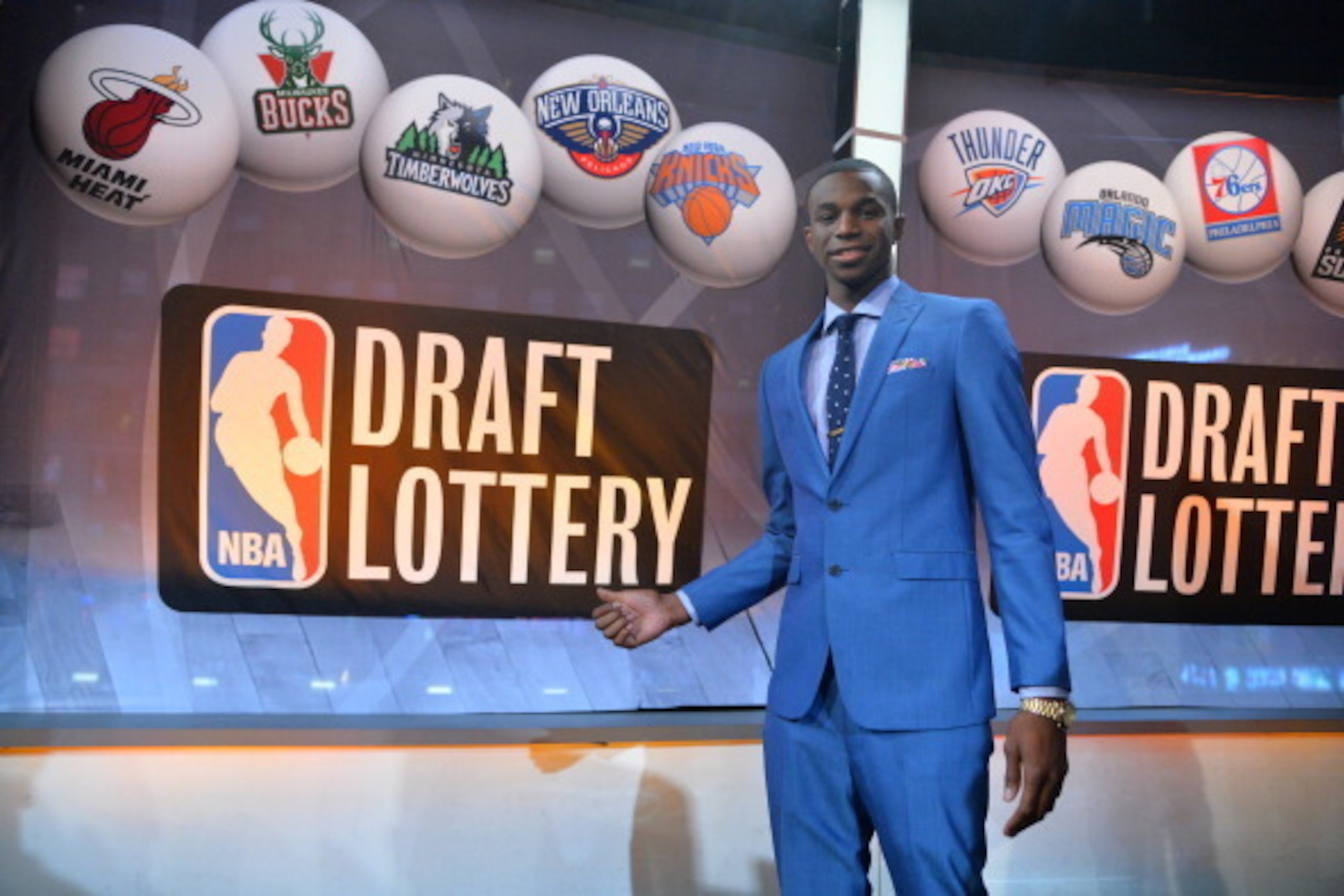 NEW YORK - MAY 20: NBA Draft Prospect Andrew Wiggins poses for a photo during to the 2014 NBA Draft Lottery on May 20, 2014 at the ABC News' 'Good Morning America' Times Square Studio in New York City. NOTE TO USER: User expressly acknowledges and agrees NEW YORK - MAY 20: NBA Draft Prospect Andrew Wiggins poses for a photo during to the 2014 NBA Draft Lottery on May 20, 2014 at the ABC News' 'Good Morning America' Times Square Studio in New York City. NOTE TO USER: User expressly acknowledges and agrees