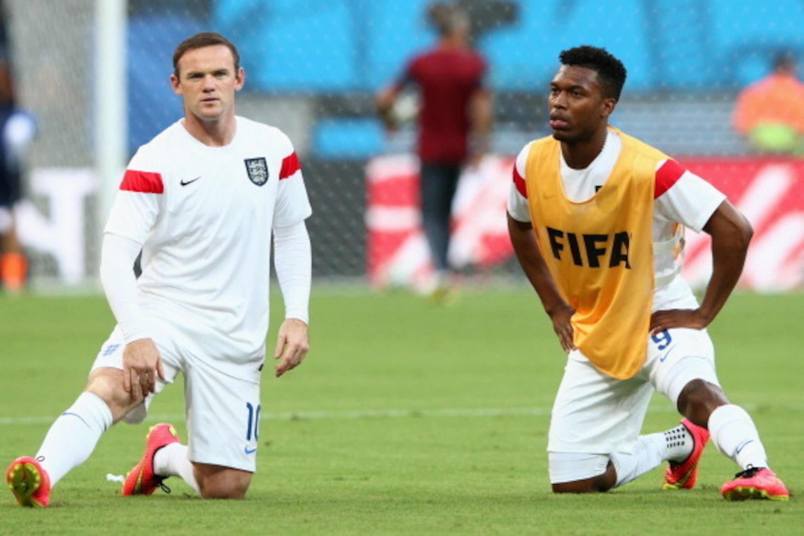 MANAUS, BRAZIL - JUNE 14: Wayne Rooney (L) and Daniel Sturridge of England stretch prior to the 2014 FIFA World Cup Brazil Group D match between England and Italy at Arena Amazonia on June 14, 2014 in Manaus, Brazil. (Photo by Adam Pretty/Getty Images) MANAUS, BRAZIL - JUNE 14: Wayne Rooney (L) and Daniel Sturridge of England stretch prior to the 2014 FIFA World Cup Brazil Group D match between England and Italy at Arena Amazonia on June 14, 2014 in Manaus, Brazil. (Photo by Adam Pretty/Getty Images)