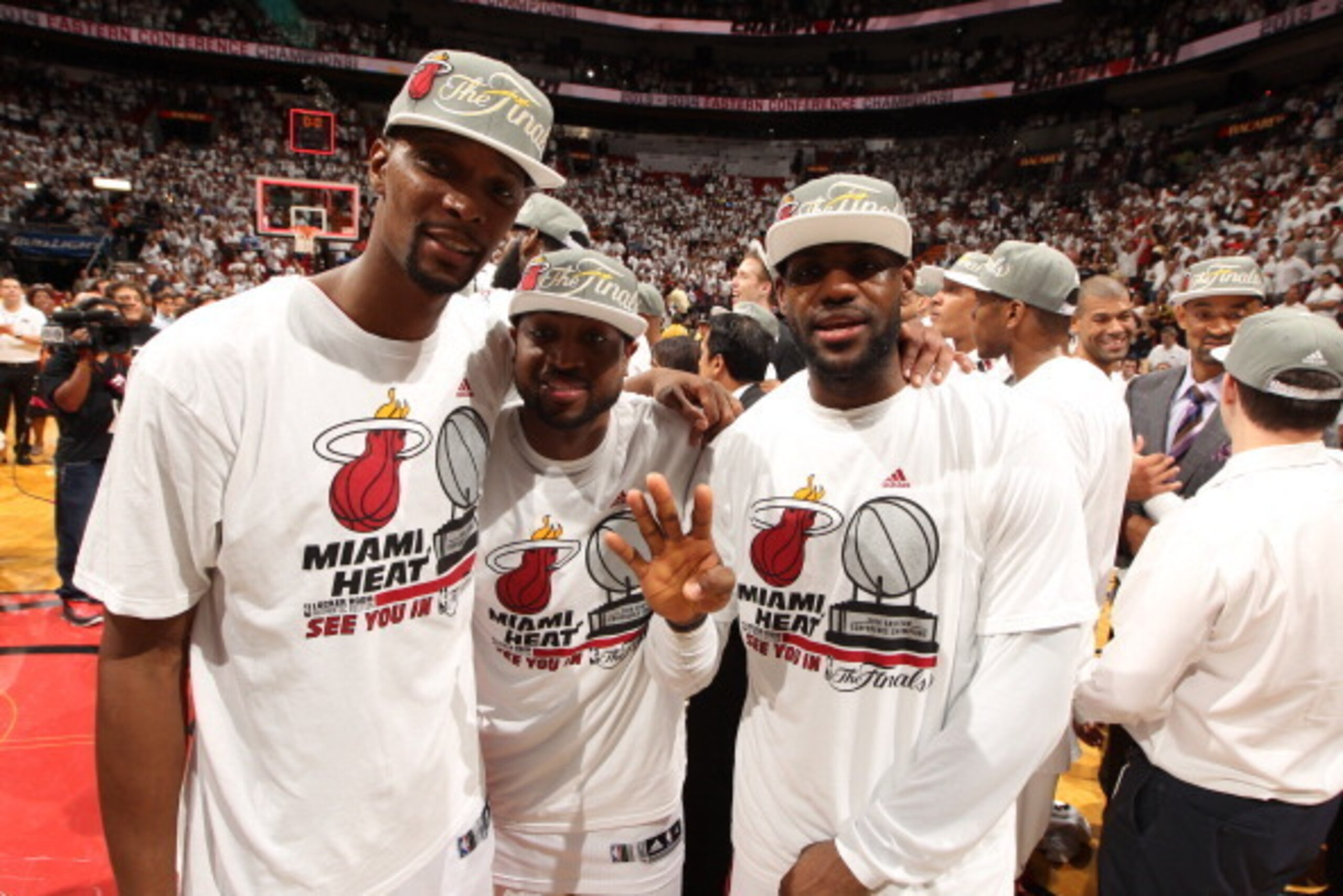 MIAMI, FL - MAY 30: Chris Bosh #1, Dwyane Wade #3, and LeBron James #6 of the Miami Heat celebrate after Game Six of the Eastern Conference Finals against the Indiana Pacers during the 2014 NBA Playoffs on May 30, 2014 in Miami, Fl. NOTE TO USER: User exp MIAMI, FL - MAY 30: Chris Bosh #1, Dwyane Wade #3, and LeBron James #6 of the Miami Heat celebrate after Game Six of the Eastern Conference Finals against the Indiana Pacers during the 2014 NBA Playoffs on May 30, 2014 in Miami, Fl. NOTE TO USER: User exp