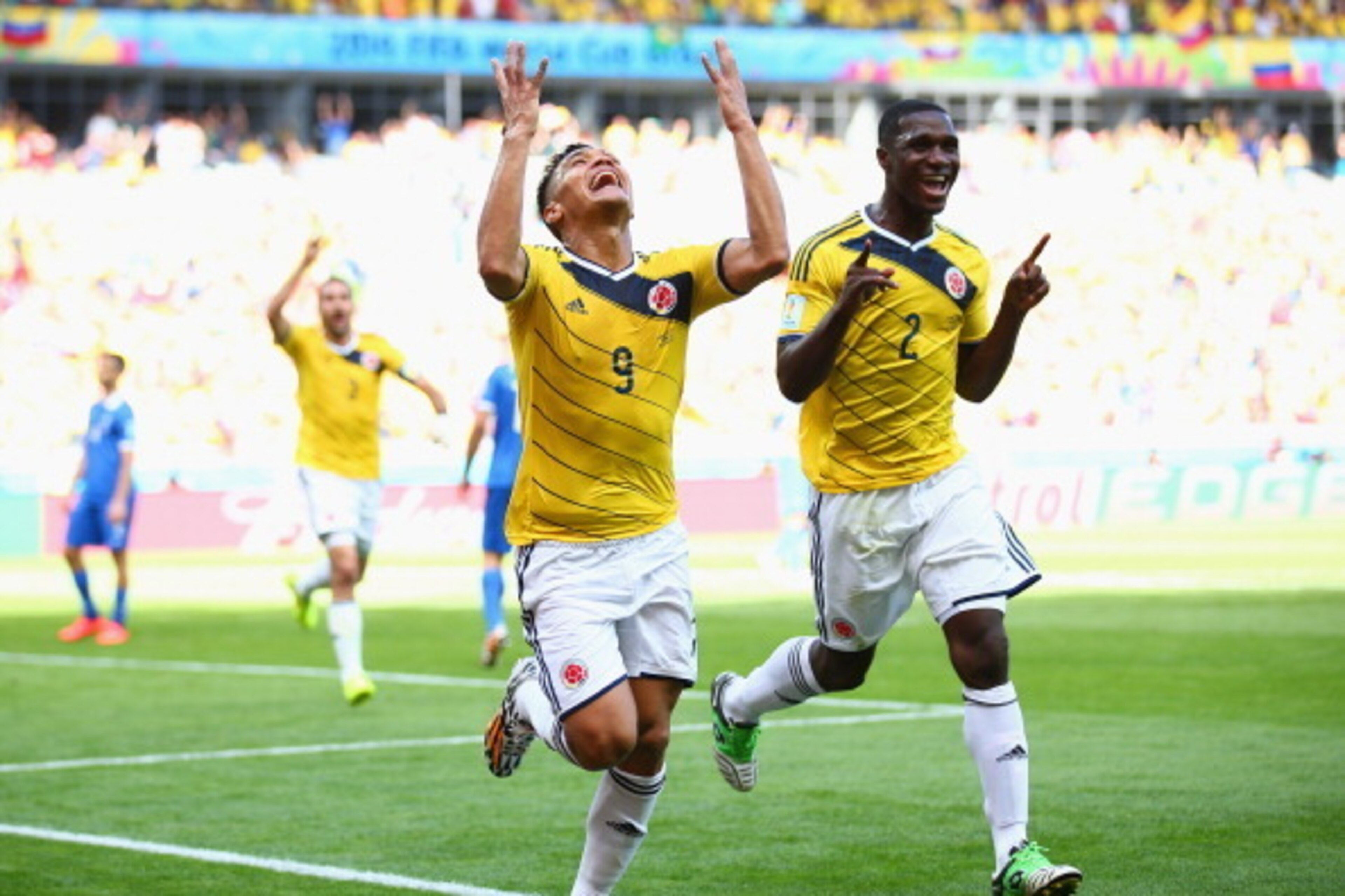 BELO HORIZONTE, BRAZIL - JUNE 14: Teofilo Gutierrez of Colombia (L) celebrates scoring his team's second goal with Cristian Zapata during the 2014 FIFA World Cup Brazil Group C match between Colombia and Greece at Estadio Mineirao on June 14, 2014 in Bel BELO HORIZONTE, BRAZIL - JUNE 14: Teofilo Gutierrez of Colombia (L) celebrates scoring his team's second goal with Cristian Zapata during the 2014 FIFA World Cup Brazil Group C match between Colombia and Greece at Estadio Mineirao on June 14, 2014 in Bel