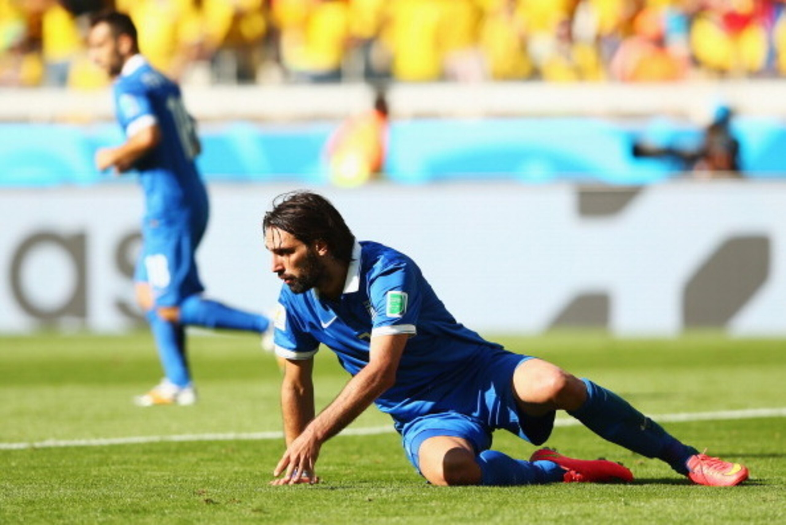 BELO HORIZONTE, BRAZIL - JUNE 14:  Giorgos Samaras of Greece falls to the ground during the 2014 FIFA World Cup Brazil Group C match between Colombia and Greece at Estadio Mineirao on June 14, 2014 in Belo Horizonte, Brazil.  (Photo by Quinn Rooney/Getty 