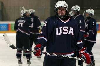 INNSBRUCK, AUSTRIA - JANUARY 21: Nick Schmaltz of USA looks dejected after losing the men's bronze medal match between Canada and USA in the Ice Hockey at the Tyrolean Ice Arena during the Winter Youth Olympic Game on January 21, 2012 in Innsbruck, Austri