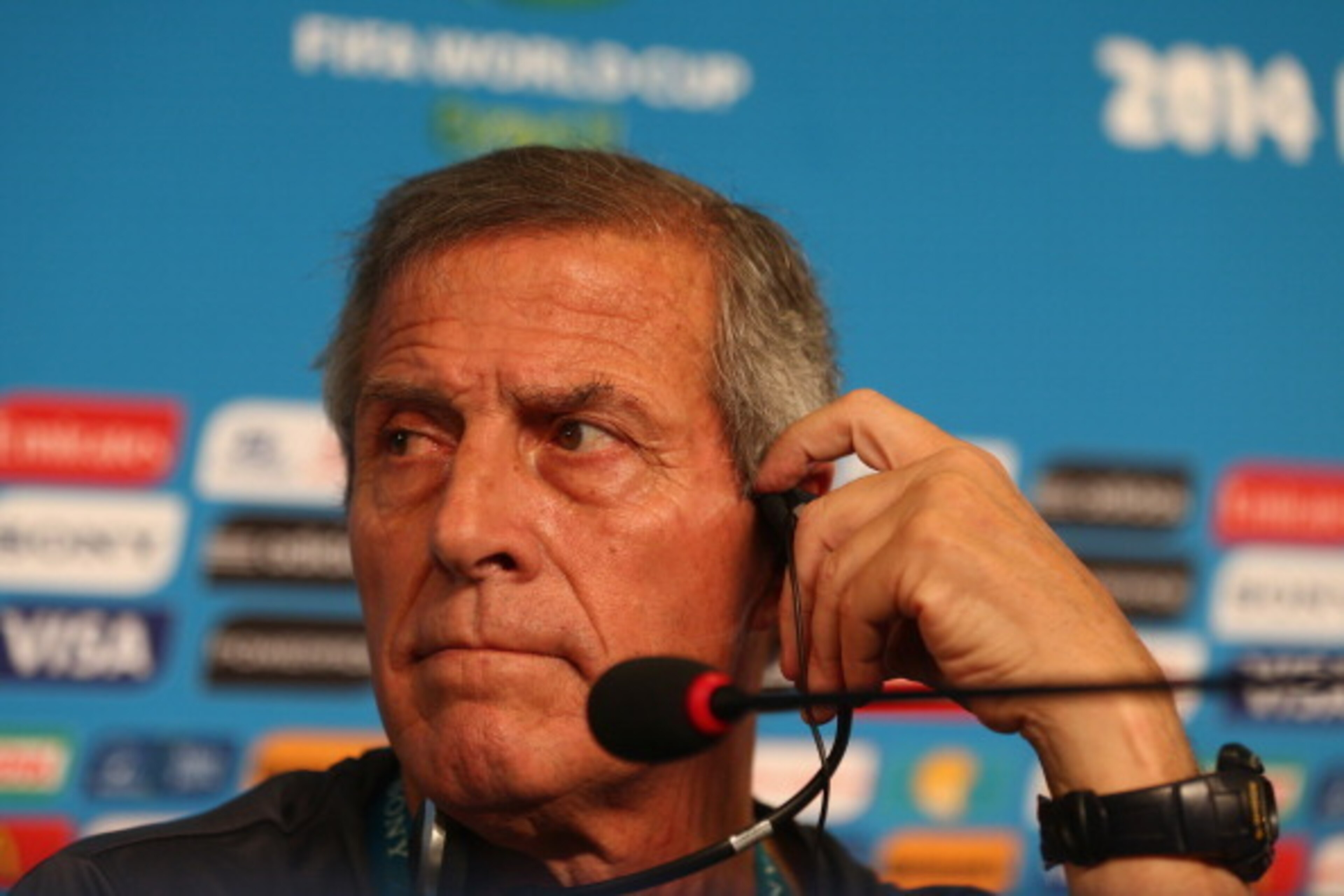 FORTALEZA, BRAZIL - JUNE 12:  Oscar Tabarez the head coach of Uruguay addresses the media during the Uruguay Press Conference at Castelao on June 13, 2014 in Fortaleza, Brazil.  (Photo by Michael Steele/Getty Images)