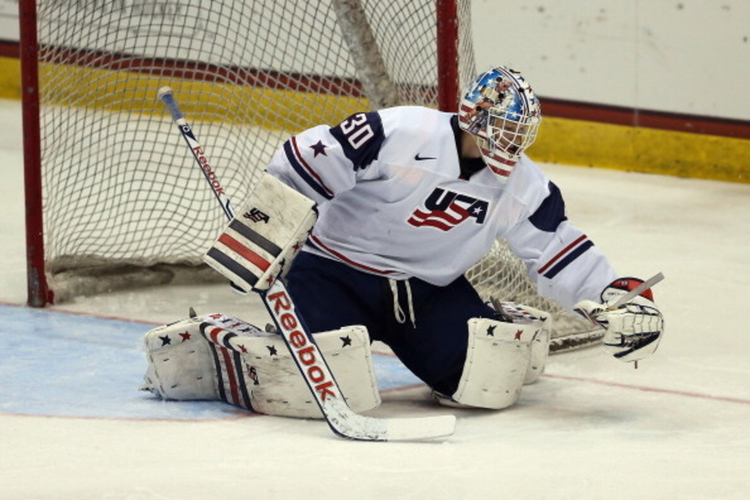 LAKE PLACID, NY - AUGUST 07:  Thatcher Demko #30 of Team USA skates against Team Sweden during the 2013 USA Hockey Junior Evaluation Camp at the Lake Placid Olympic Center on August 7, 2013 in Lake Placid, New York.  (Photo by Bruce Bennett/Getty Images)