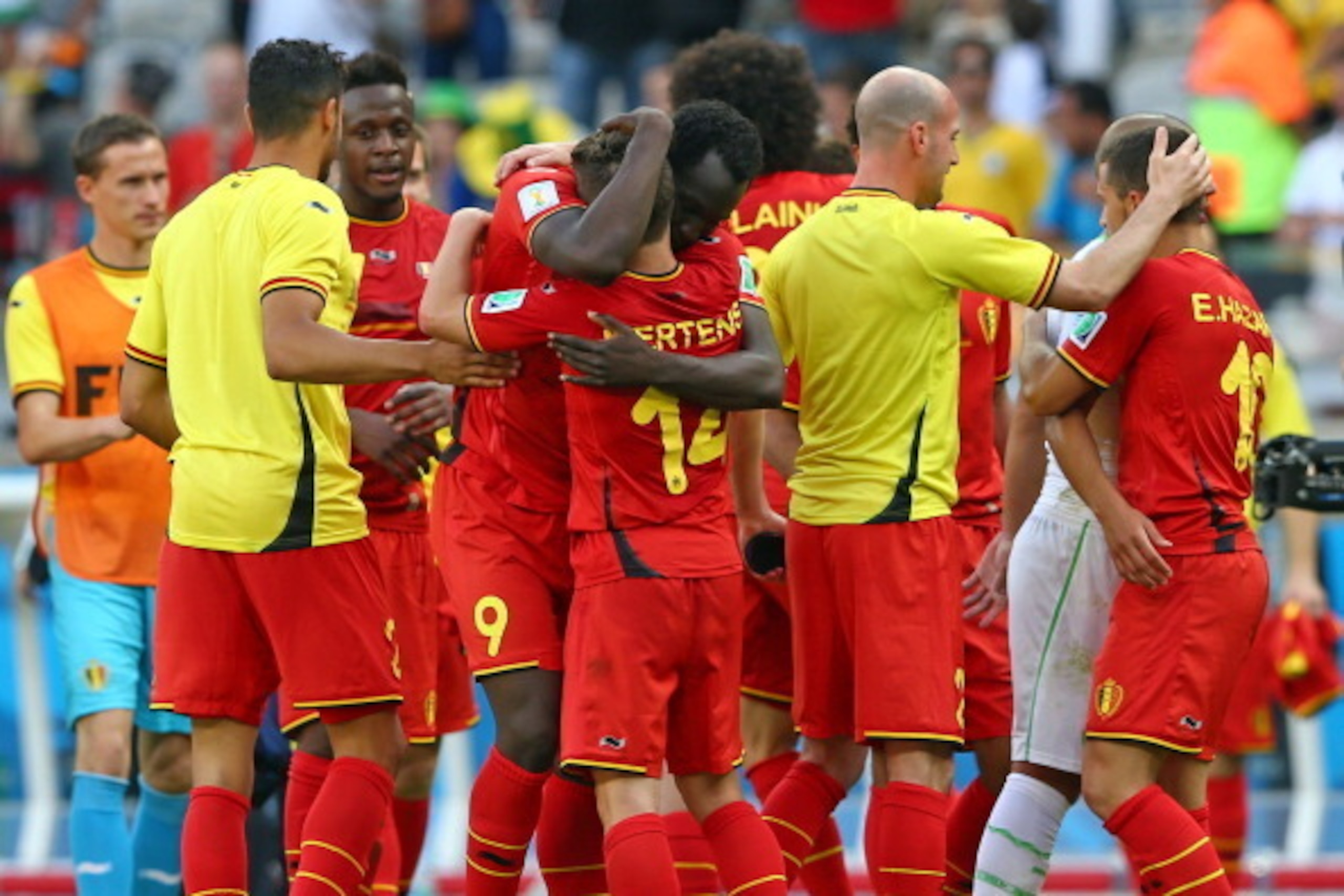 BELO HORIZONTE, BRAZIL - JUNE 17:  Dries Mertens of Belgium celebrates with teammate Romelu Lukaku after defeating Algeria 2-1 during the 2014 FIFA World Cup Brazil Group H match between Belgium and Algeria at Estadio Mineirao on June 17, 2014 in Belo Hor