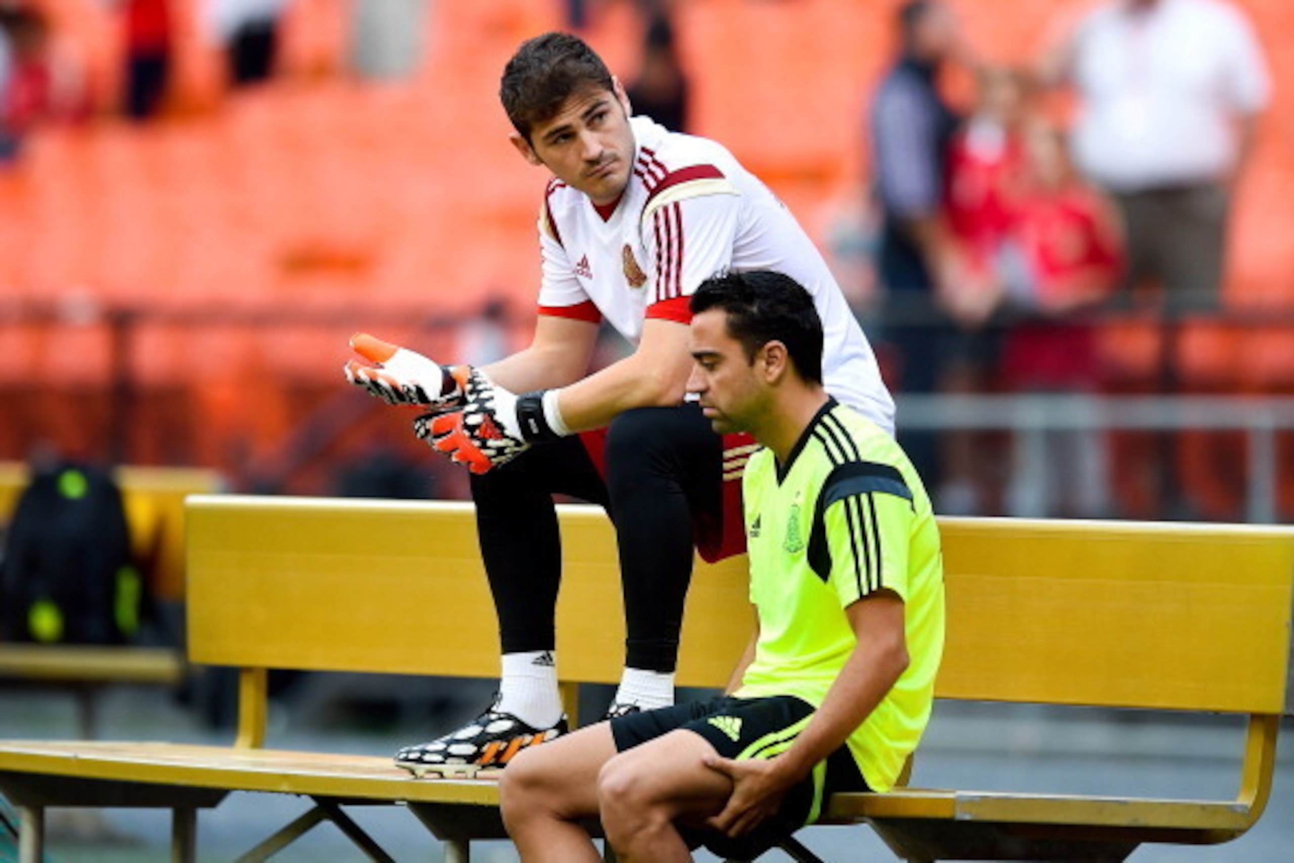 WASHINGTON, DC - JUNE 05: Iker Casillas (L) and Xavi Hernandez of Spain look on during a training session of the Spain National Team at Robert F. Kennedy Stadium on June 5, 2014 in Washington, DC. (Photo by David Ramos/Getty Images) WASHINGTON, DC - JUNE 05: Iker Casillas (L) and Xavi Hernandez of Spain look on during a training session of the Spain National Team at Robert F. Kennedy Stadium on June 5, 2014 in Washington, DC. (Photo by David Ramos/Getty Images)