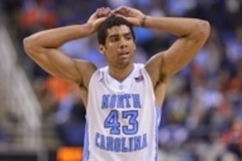 Mar 14, 2014; Greensboro, NC, USA;  North Carolina Tar Heels forward James Michael McAdoo (43) reacts in the second half. The panthers defeated the Tar Heels 80-75 in the quarterfinals of the ACC college basketball tournament at Greensboro Coliseum. Manda
