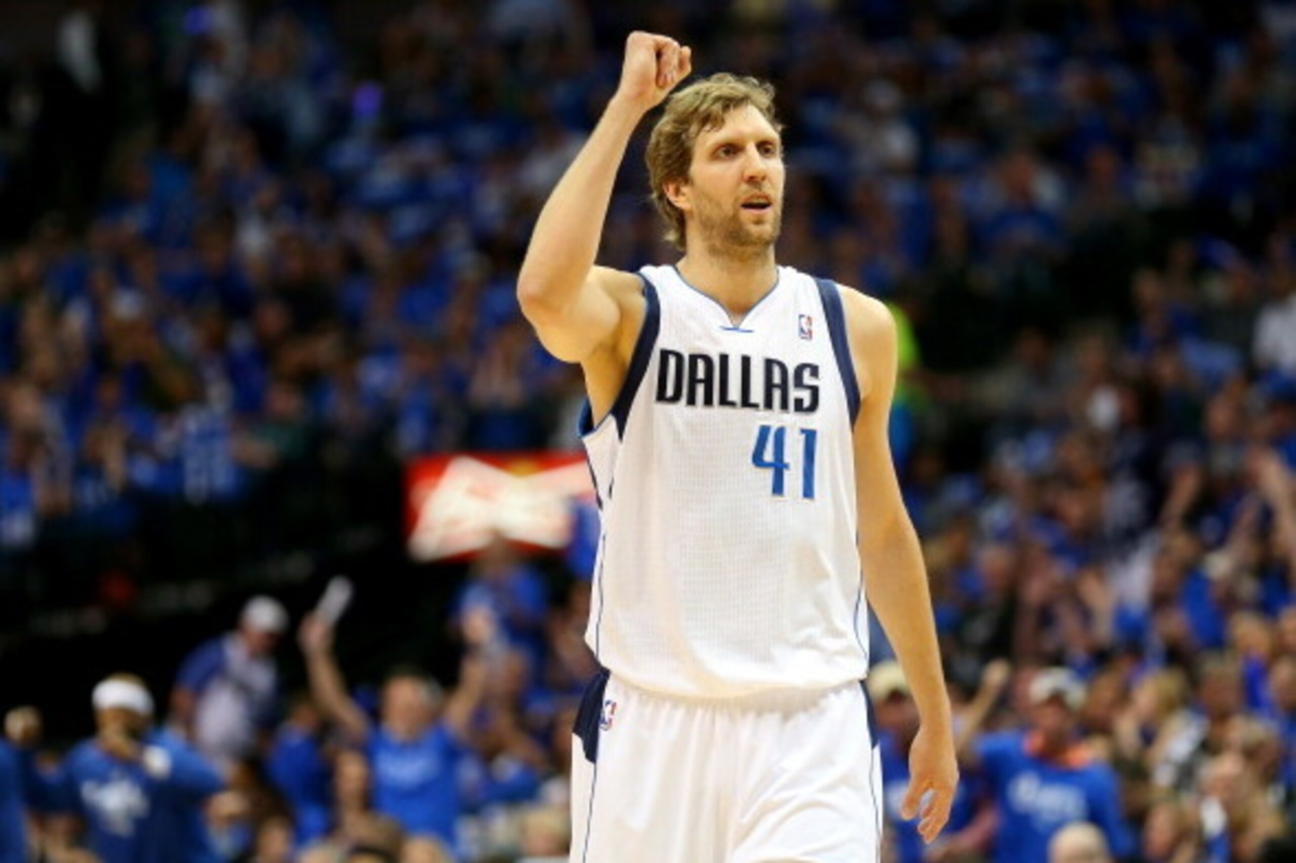 DALLAS, TX - MAY 02:  Dirk Nowitzki #41 of the Dallas Mavericks reacts against the San Antonio Spurs in Game Six of the Western Conference Quarterfinals during the 2014 NBA Playoffs at American Airlines Center on May 2, 2014 in Dallas, Texas. NOTE TO USER