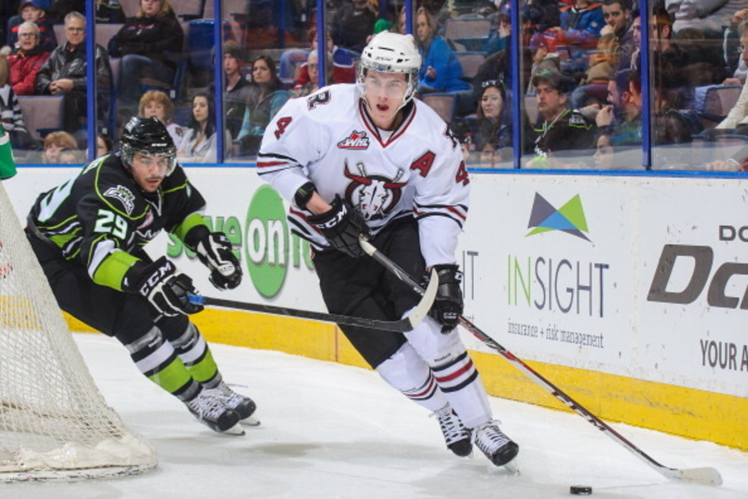 EDMONTON, AB - MARCH 16: Mitchell Moroz #29 of the Edmonton Oil Kings chases Haydn Fleury #4 of the Red Deer Rebels during a WHL game at Rexall Place on March 16, 2014 in Edmonton, Alberta, Canada. (Photo by Derek Leung/Getty Images)