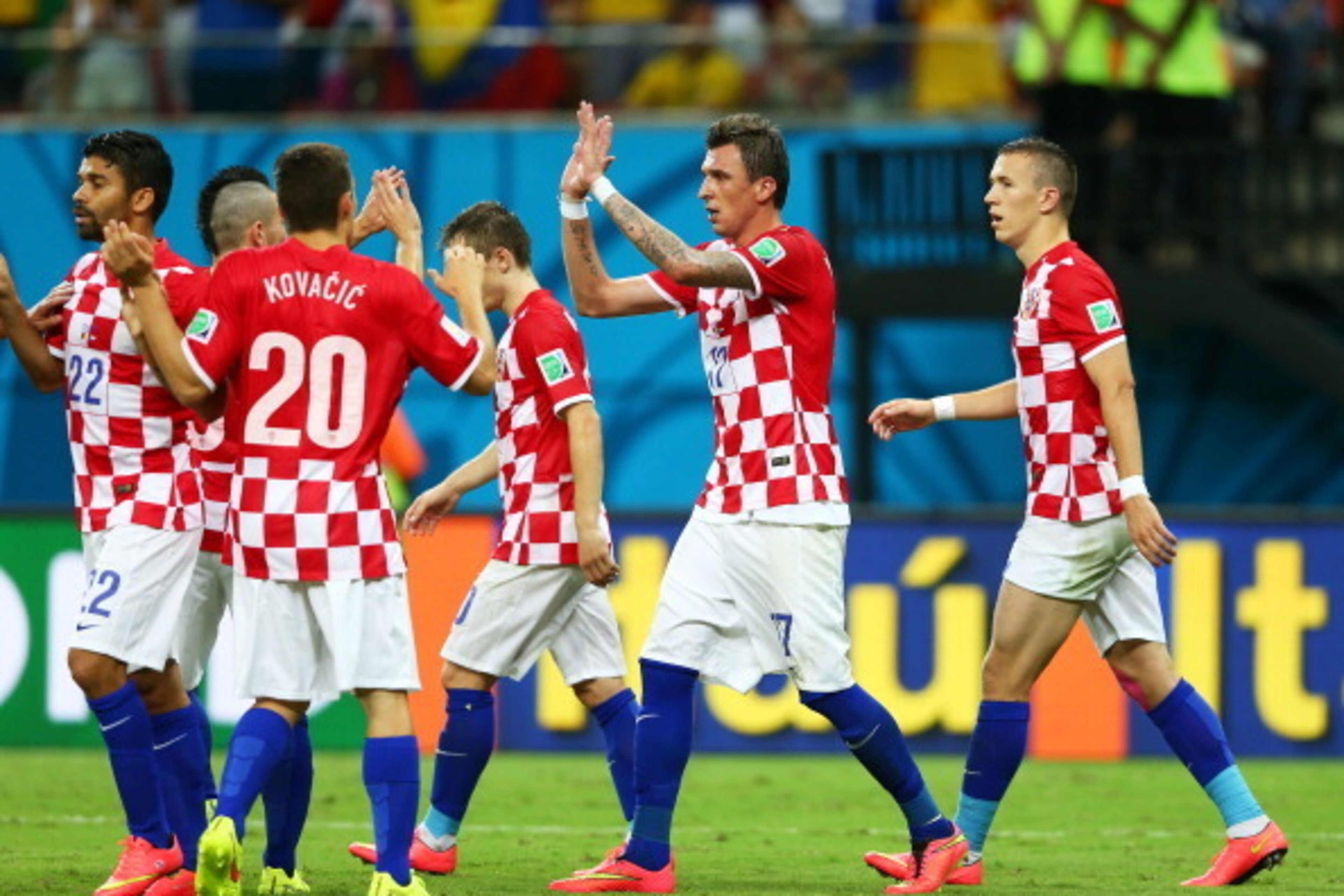 MANAUS, BRAZIL - JUNE 18:  Mario Mandzukic of Croatia (2nd R) celebrates scoring his team's fourth goal, his second, during the 2014 FIFA World Cup Brazil Group A match between Cameroon and Croatia at Arena Amazonia on June 18, 2014 in Manaus, Brazil.  (P