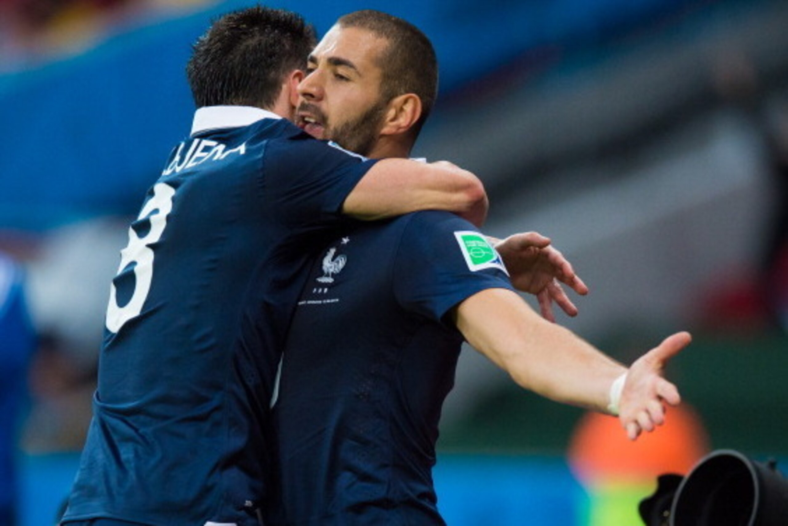 PORTO ALEGRE, BRAZIL - JUNE 15: Karim Benzema of France celebrates after scoring his team's third goal during the 2014 FIFA World Cup Brazil Group E match between France and Honduras at Estadio Beira-Rio on June 15, 2014 in Porto Alegre, Brazil. (Photo by