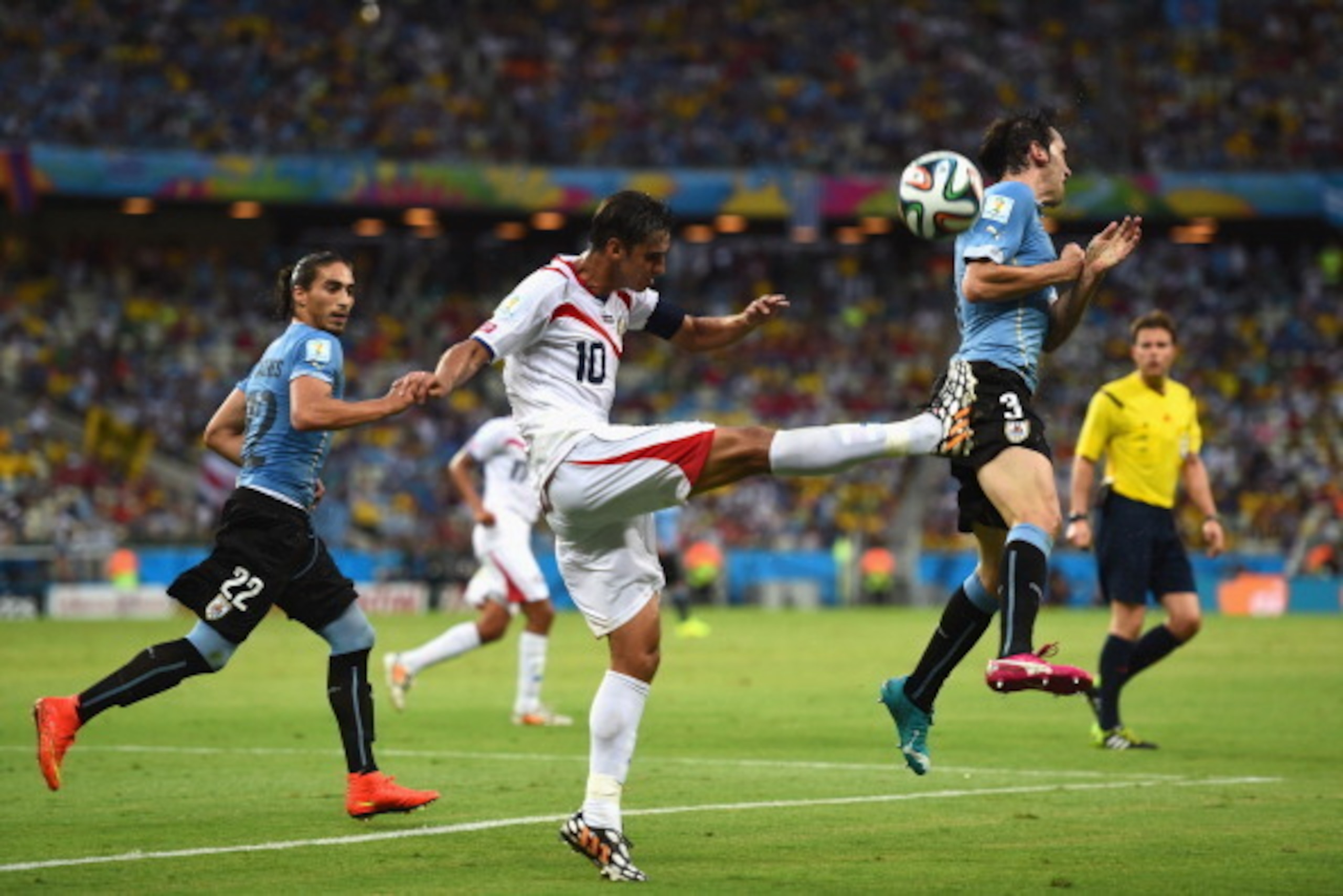 FORTALEZA, BRAZIL - JUNE 14:  Bryan Ruiz of Costa Rica kicks the ball during the 2014 FIFA World Cup Brazil Group D match between Uruguay and Costa Rica at Castelao on June 14, 2014 in Fortaleza, Brazil.  (Photo by Jamie McDonald/Getty Images)