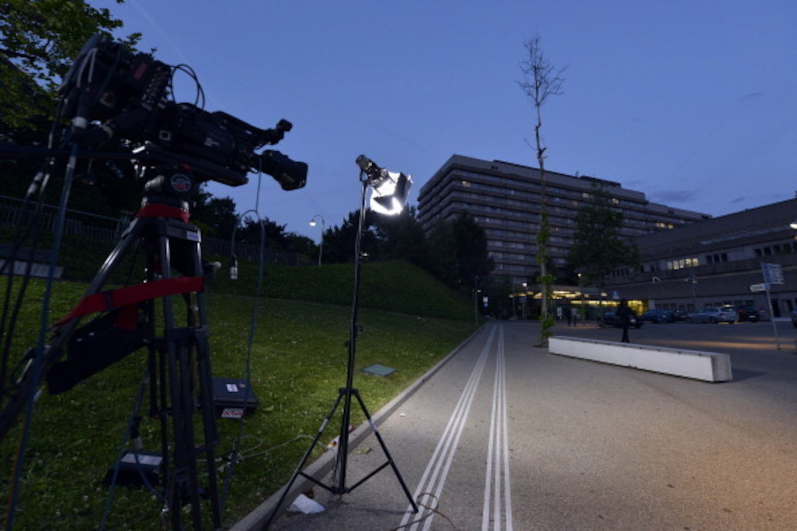 LAUSANNE, SWITZERLAND - JUNE 16: Broadcast equipment is setup in front of the Centre Hospitalier Universitaire Vaudois (CHUV) on June 16, 2014 in Lausanne, Switzerland. Formula One champion Michael Schumacher has been transferred from a French Hospital t LAUSANNE, SWITZERLAND - JUNE 16: Broadcast equipment is setup in front of the Centre Hospitalier Universitaire Vaudois (CHUV) on June 16, 2014 in Lausanne, Switzerland. Formula One champion Michael Schumacher has been transferred from a French Hospital t