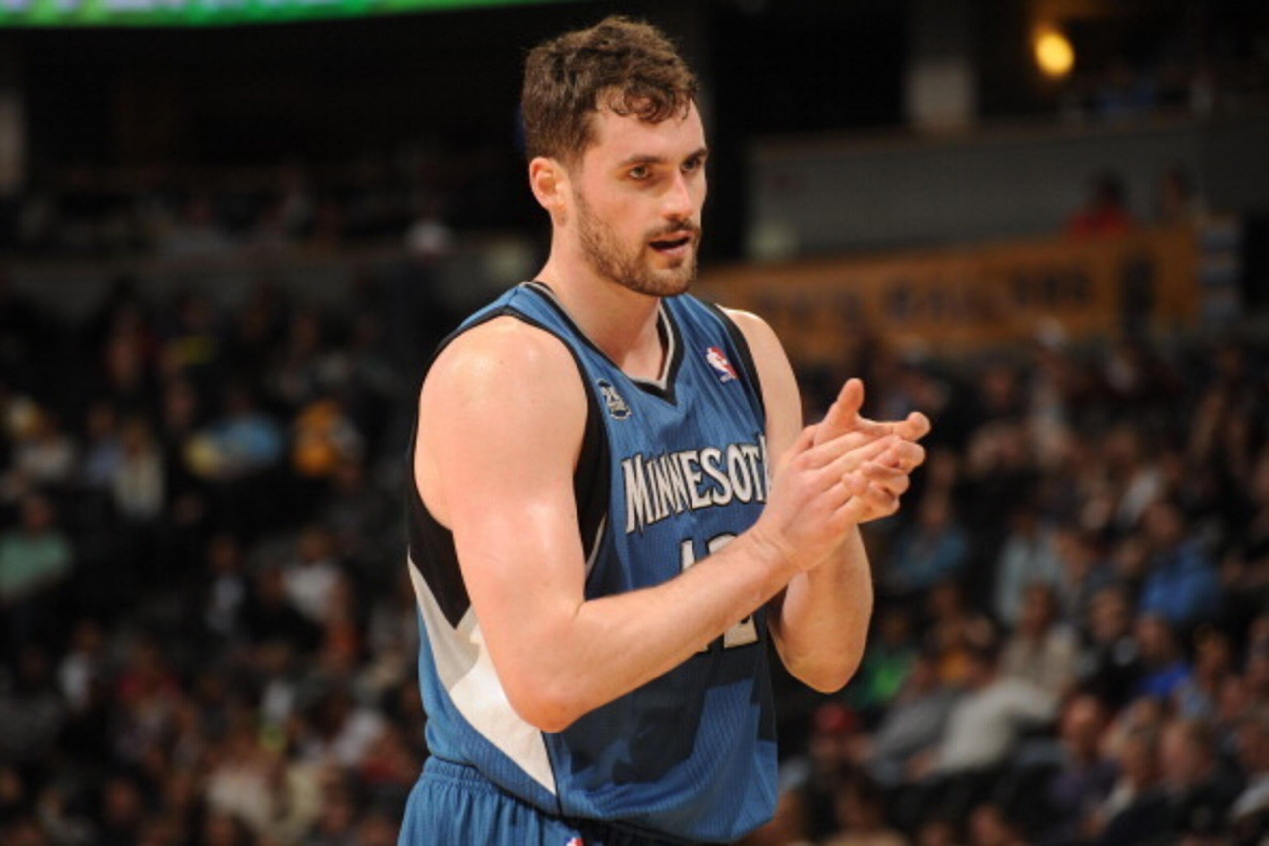 DENVER, CO - March 3: Kevin Love #42 of the Minnesota Timberwolves during the game against the Denver Nuggets on March 3, 2014 at the Pepsi Center in Denver, Colorado. NOTE TO USER: User expressly acknowledges and agrees that, by downloading and/or using 