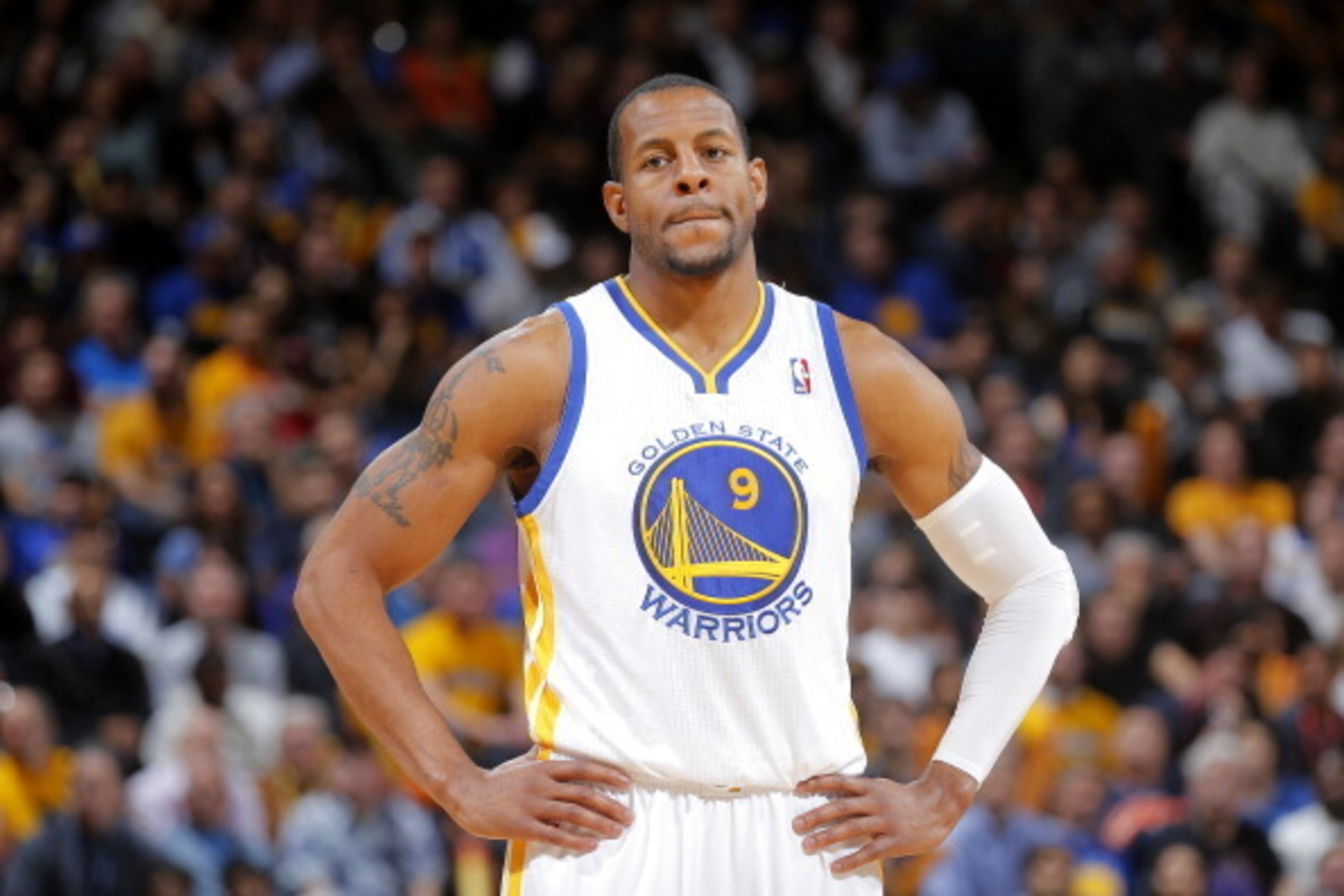 OAKLAND, CA - JANUARY 15: Andre Iguodala #9 of the Golden State Warriors during a game against the Denver Nuggets on January 15, 2014 at Oracle Arena in Oakland, California. NOTE TO USER: User expressly acknowledges and agrees that, by downloading and or 