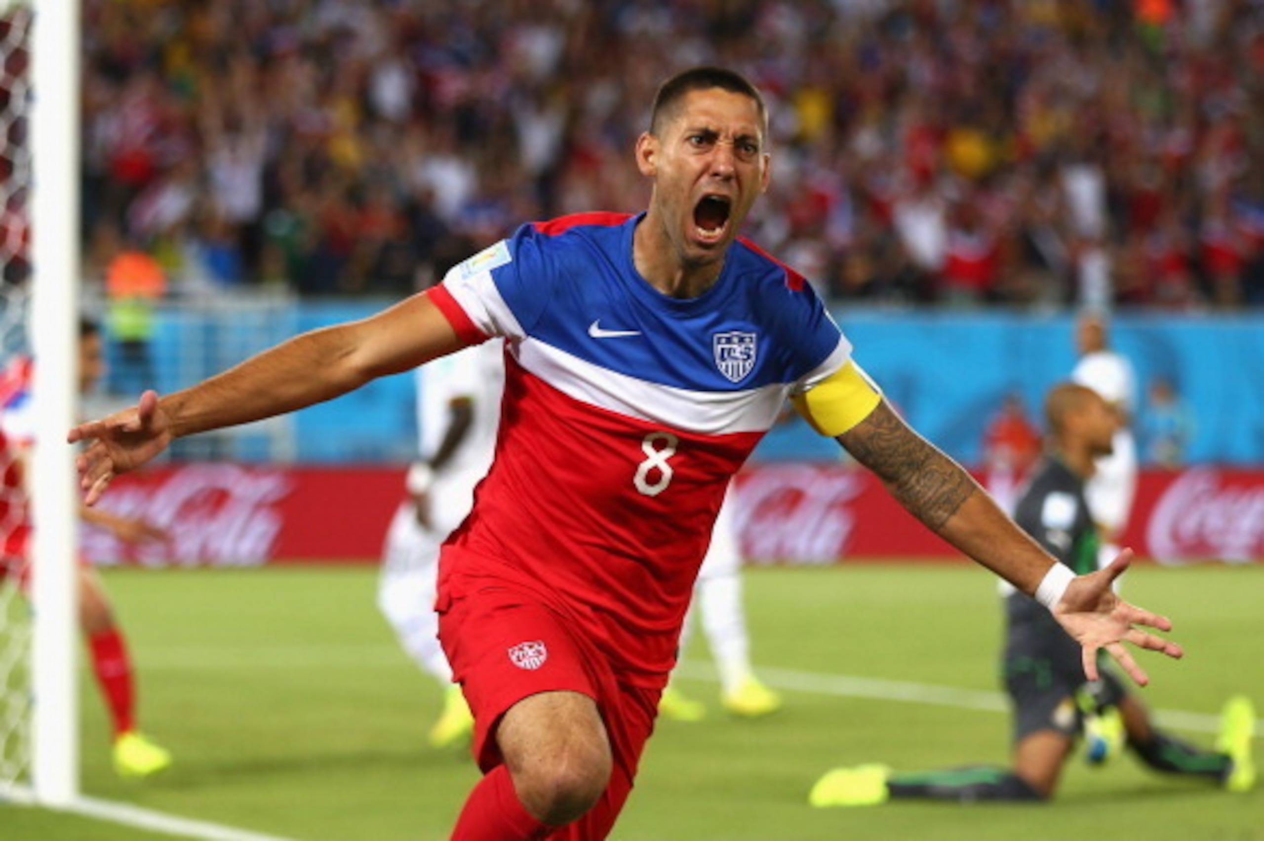 NATAL, BRAZIL - JUNE 16:  Clint Dempsey of the United States reacts after scoring his team's first goal during the 2014 FIFA World Cup Brazil Group G match between Ghana and the United States at Estadio das Dunas on June 16, 2014 in Natal, Brazil.  (Photo