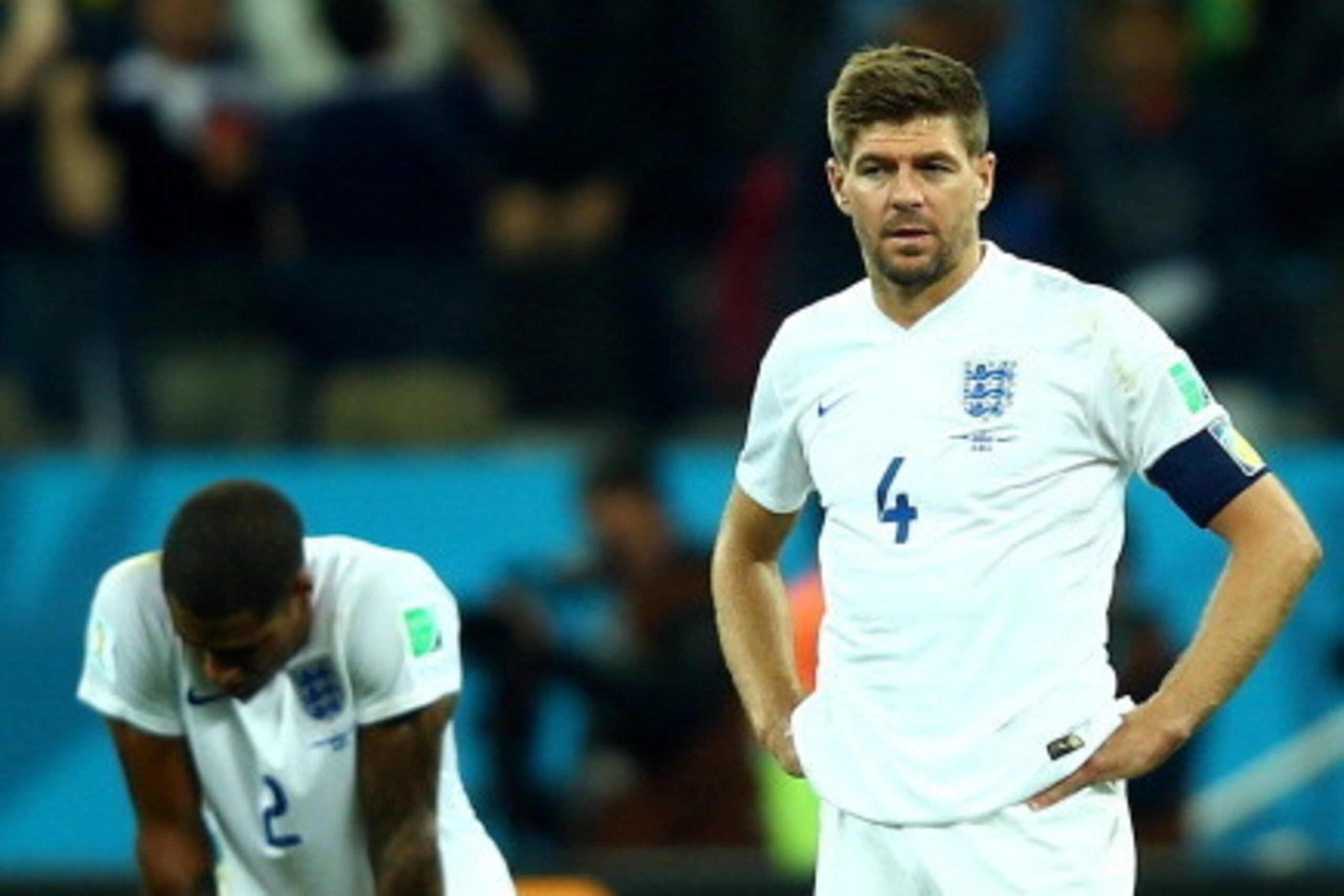 SAO PAULO, BRAZIL - JUNE 19:  Glen Johnson  (L) and Steven Gerrard of England look dejected after a 2-1 defeat in the 2014 FIFA World Cup Brazil Group D match between Uruguay and England at Arena de Sao Paulo on June 19, 2014 in Sao Paulo, Brazil.  (Photo