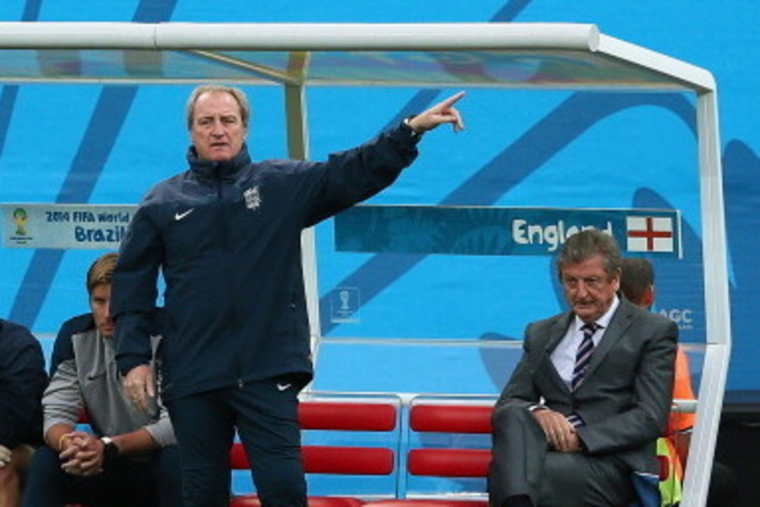 SAO PAULO, BRAZIL - JUNE 19:  England manager Roy Hodgson (R)  looks on during the 2014 FIFA World Cup Brazil Group D match between Uruguay and England at Arena de Sao Paulo on June 19, 2014 in Sao Paulo, Brazil.  (Photo by Kevin C.Cox/Getty Images)