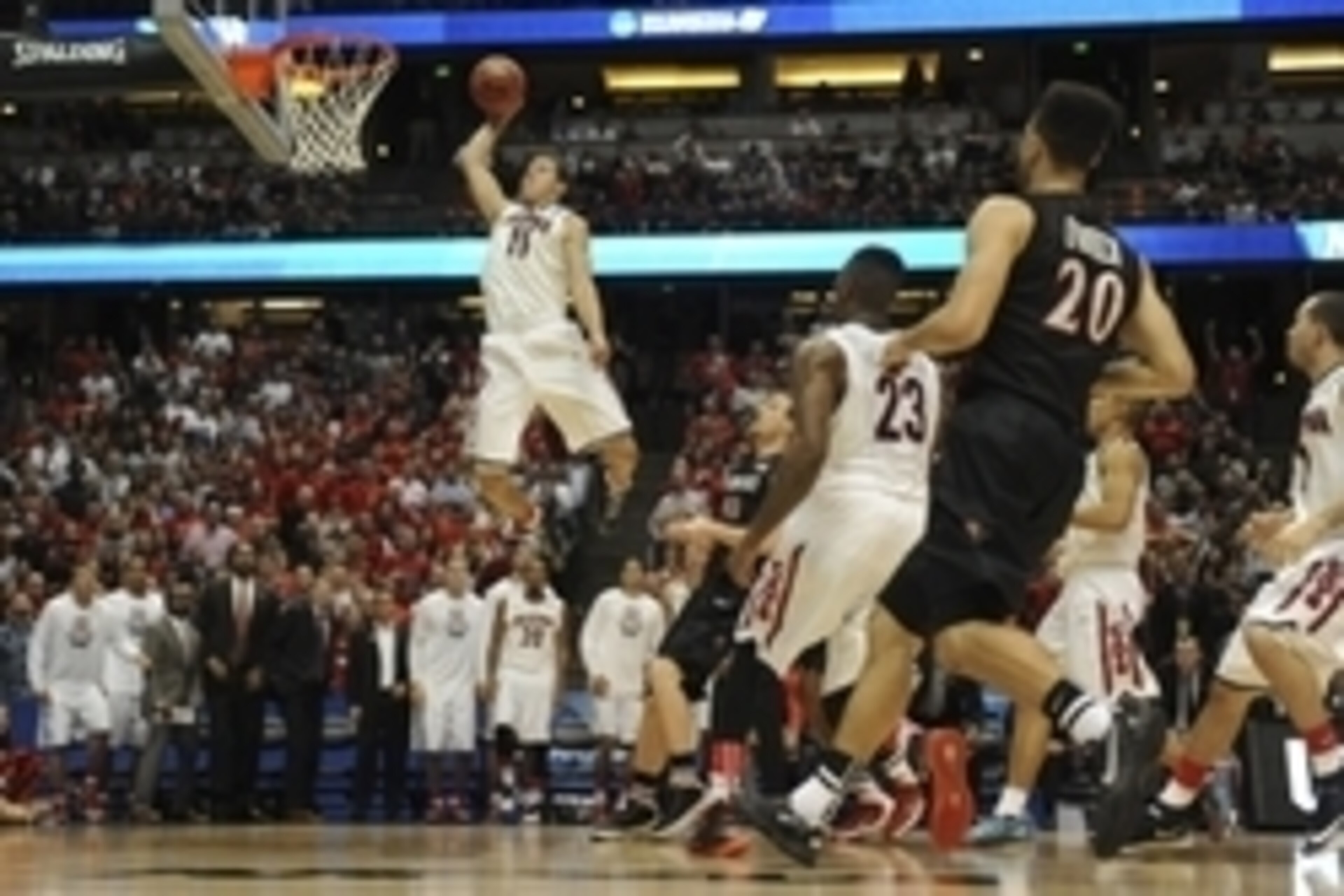 Mar 27, 2014; Anaheim, CA, USA; Arizona Wildcats forward Aaron Gordon (11) dunks the ball against the San Diego State Aztecs during the second half in the semifinals of the west regional of the 2014 NCAA Mens Basketball Championship tournament at Honda Ce
