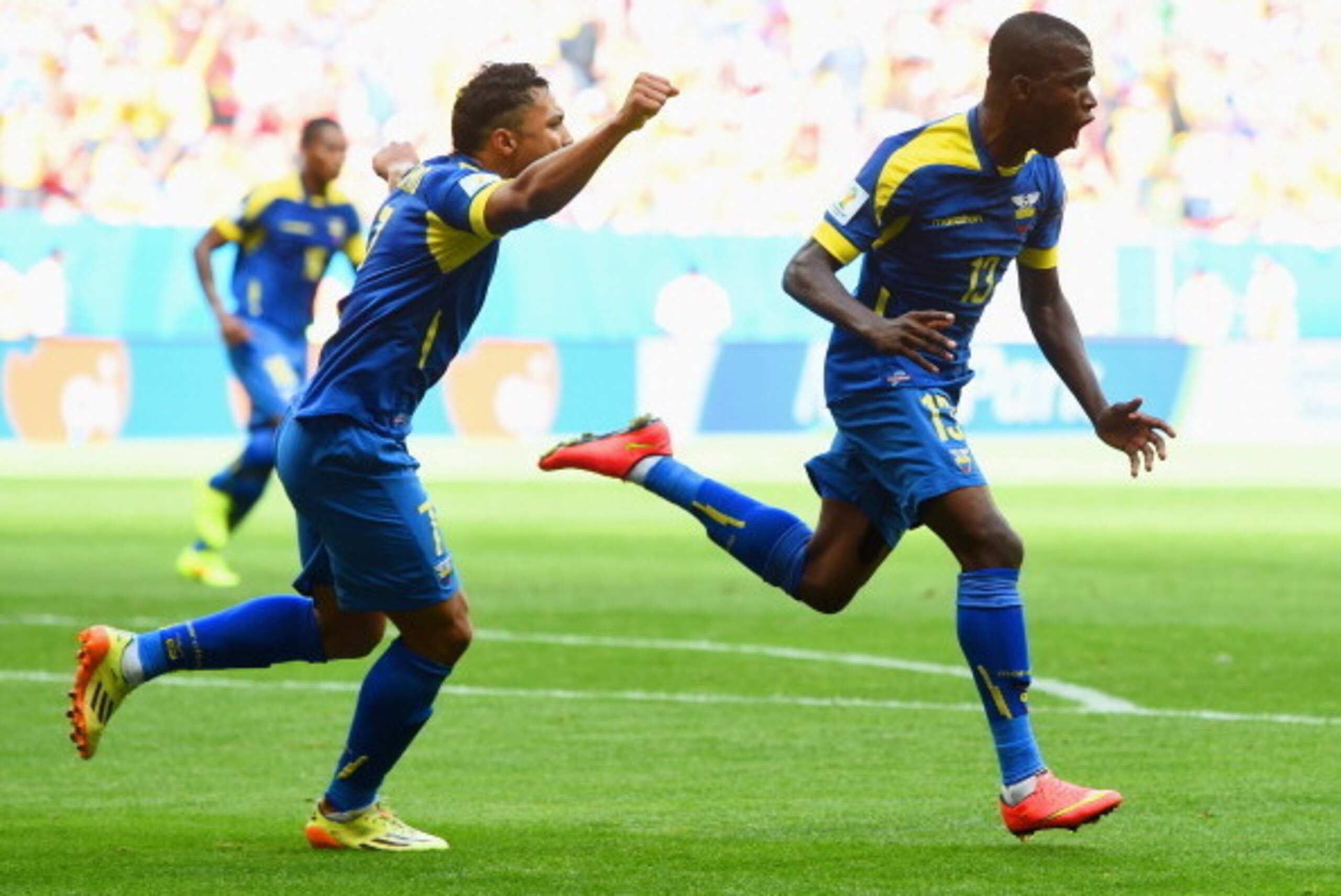 BRASILIA, BRAZIL - JUNE 15:  Enner Valencia of Ecuador (R) celebrates scoring his team's first goal with Jefferson Montero during the 2014 FIFA World Cup Brazil Group E match between Switzerland and Ecuador at Estadio Nacional on June 15, 2014 in Brasilia