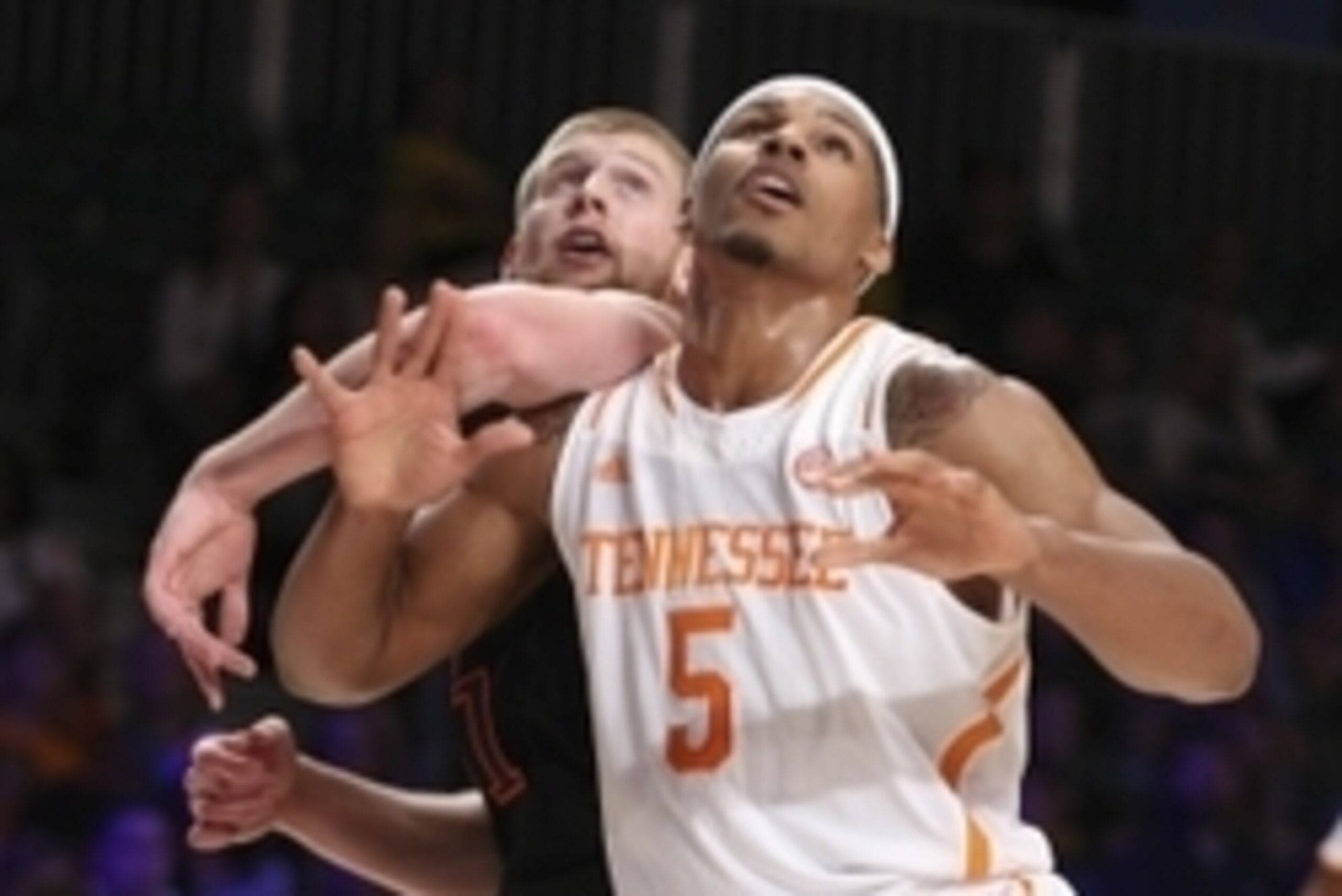 Nov 28, 2013; Paradise Island, BAHAMAS; Tennessee Volunteers forward Jarnell Stokes (5) battles for position with UTEP Miners center Matt Willms (41) during the first half at the 2013 Battle 4 Atlantis in the Imperial Arena at the Atlantis Resort. Mandato Nov 28, 2013; Paradise Island, BAHAMAS; Tennessee Volunteers forward Jarnell Stokes (5) battles for position with UTEP Miners center Matt Willms (41) during the first half at the 2013 Battle 4 Atlantis in the Imperial Arena at the Atlantis Resort. Mandato