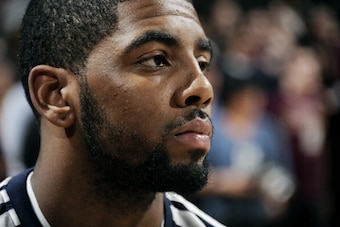 CLEVELAND, OH - APRIL 16:  Kyrie Irving #2 of the Cleveland Cavaliers looks on during a game against the Brooklyn Nets at The Quicken Loans Arena on April 16, 2014 in Cleveland, Ohio. NOTE TO USER: User expressly acknowledges and agrees that, by downloadi
