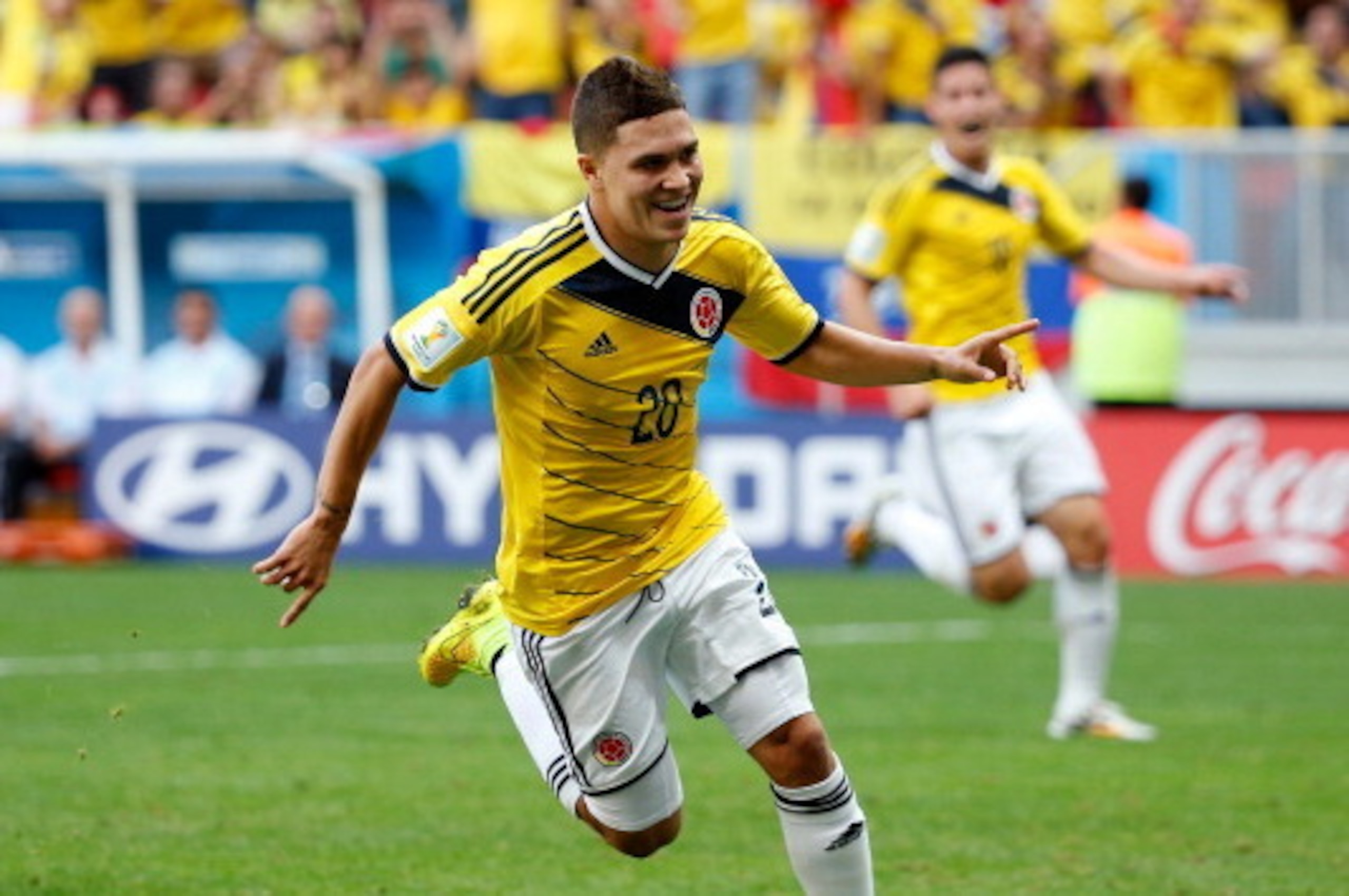 BRASILIA, BRAZIL - JUNE 19:  Juan Fernando Quintero of Colombia celebrates after scoring his team's second goal during the 2014 FIFA World Cup Brazil Group C match between Colombia and Cote D'Ivoire at Estadio Nacional on June 19, 2014 in Brasilia, Brazil