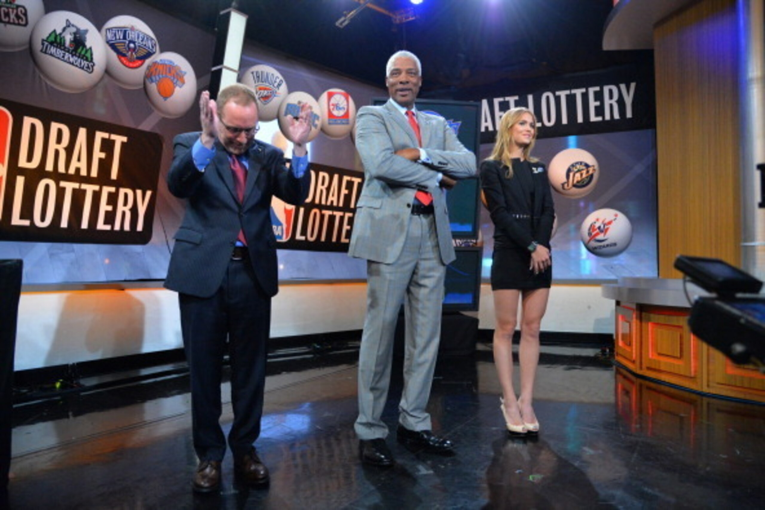 NEW YORK - MAY 20: General Manager David Griffin of the Cleveland Cavaliers, NBA Legend Julius Erving and Mallory Edens of the Milwaukee Bucks celebrates winning the top pick during the 2014 NBA Draft Lottery on May 20, 2014 at the ABC News' 'Good Morning NEW YORK - MAY 20: General Manager David Griffin of the Cleveland Cavaliers, NBA Legend Julius Erving and Mallory Edens of the Milwaukee Bucks celebrates winning the top pick during the 2014 NBA Draft Lottery on May 20, 2014 at the ABC News' 'Good Morning