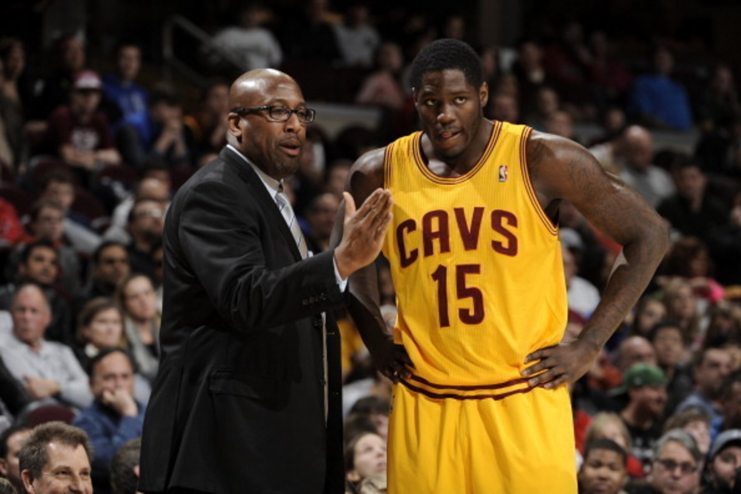 CLEVELAND, OH - DECEMBER 29: Head coach Mike Brown of the Cleveland Cavaliers provides instruction to Anthony Bennett #15 during a break in the action against the Golden State Warriors at The Quicken Loans Arena on December 29, 2013 in Cleveland, Ohio. N CLEVELAND, OH - DECEMBER 29: Head coach Mike Brown of the Cleveland Cavaliers provides instruction to Anthony Bennett #15 during a break in the action against the Golden State Warriors at The Quicken Loans Arena on December 29, 2013 in Cleveland, Ohio. N