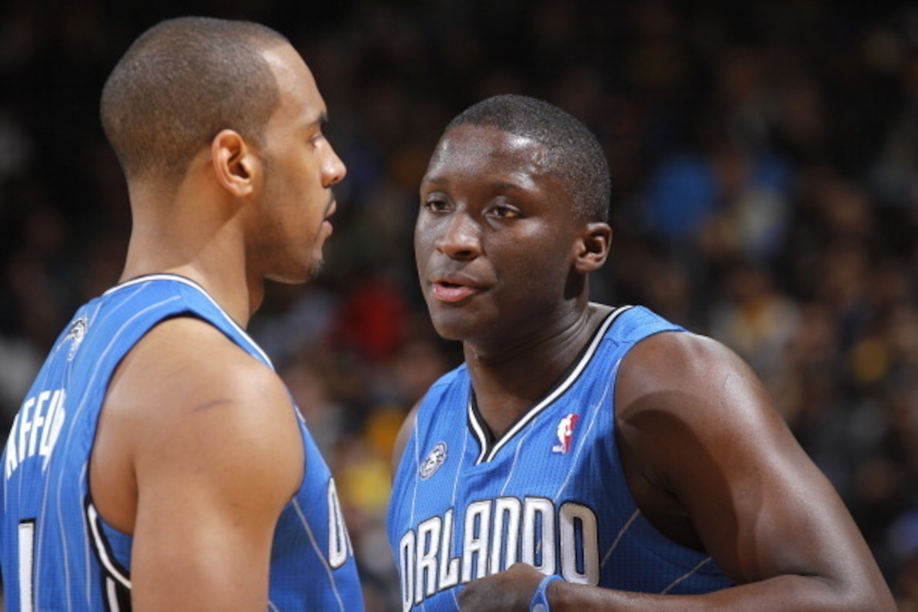 OAKLAND, CA - MARCH 18: Victor Oladipo #5 chats with Aaron Afflalo #4 of the Orlando Magic while facing the Golden State Warriors on March 18, 2014 at Oracle Arena in Oakland, California. NOTE TO USER: User expressly acknowledges and agrees that, by downl OAKLAND, CA - MARCH 18: Victor Oladipo #5 chats with Aaron Afflalo #4 of the Orlando Magic while facing the Golden State Warriors on March 18, 2014 at Oracle Arena in Oakland, California. NOTE TO USER: User expressly acknowledges and agrees that, by downl