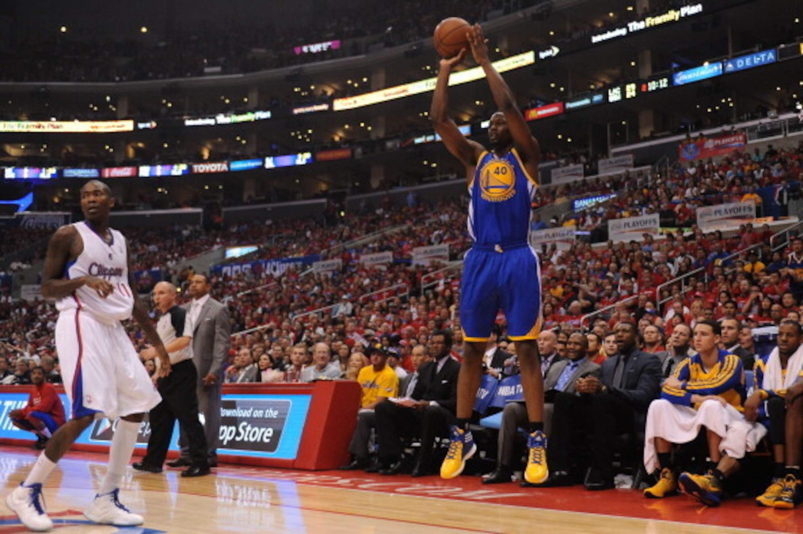 LOS ANGELES, CA - APRIL 19: Harrison Barnes #40 of the Golden State Warriors shoots during Game One of the Western Conference Quarterfinals of the NBA Playoffs against the Los Angeles Clippers at STAPLES Center on April 19, 2014 in Los Angeles, California