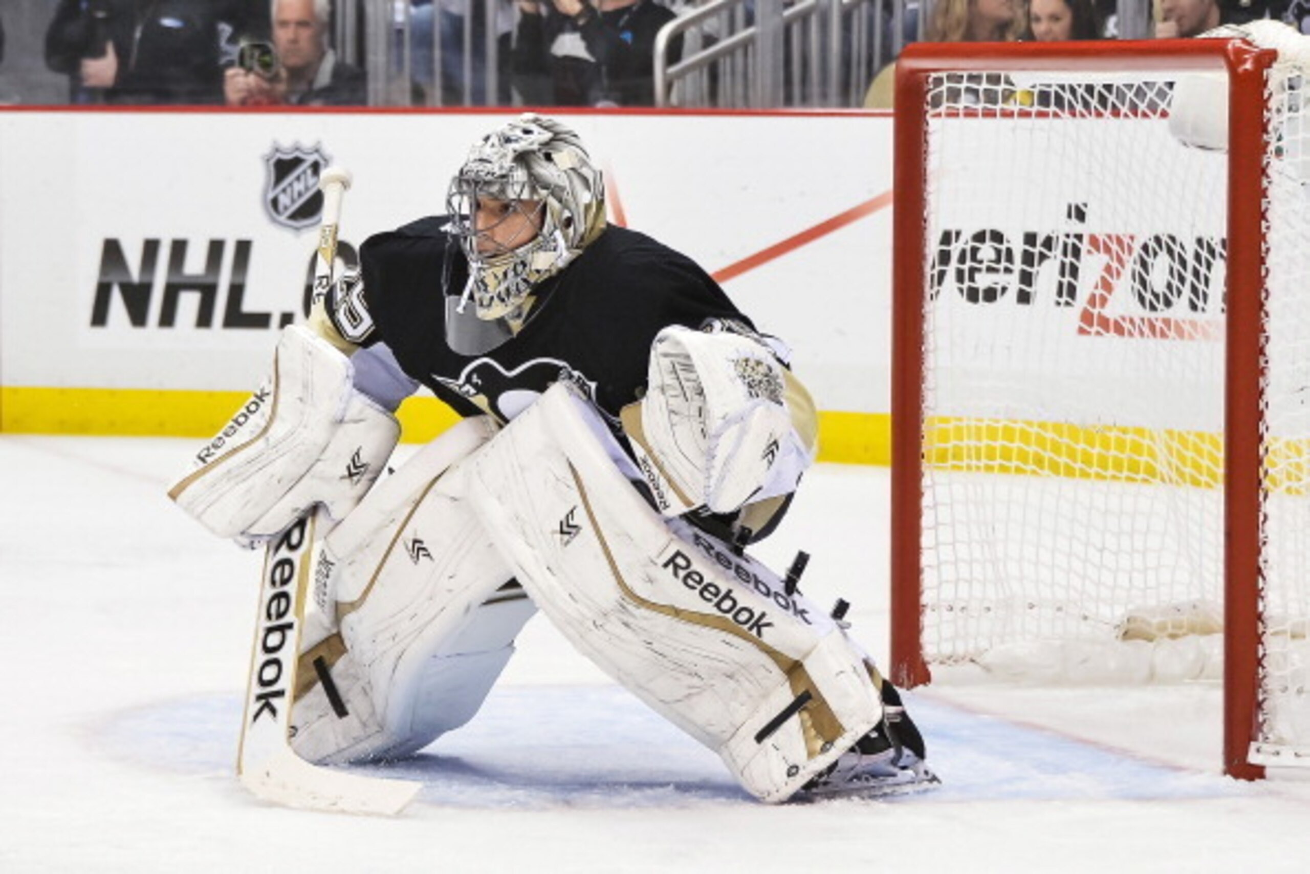 PITTSBURGH, PA - MAY 9: Goaltender Marc-Andre Fleury #29 of the Pittsburgh Penguins defends the net against the New York Rangers in Game Five of the Second Round of the 2014 NHL Stanley Cup Playoffs on May 9, 2014 at CONSOL Energy Center in Pittsburgh, P PITTSBURGH, PA - MAY 9: Goaltender Marc-Andre Fleury #29 of the Pittsburgh Penguins defends the net against the New York Rangers in Game Five of the Second Round of the 2014 NHL Stanley Cup Playoffs on May 9, 2014 at CONSOL Energy Center in Pittsburgh, P