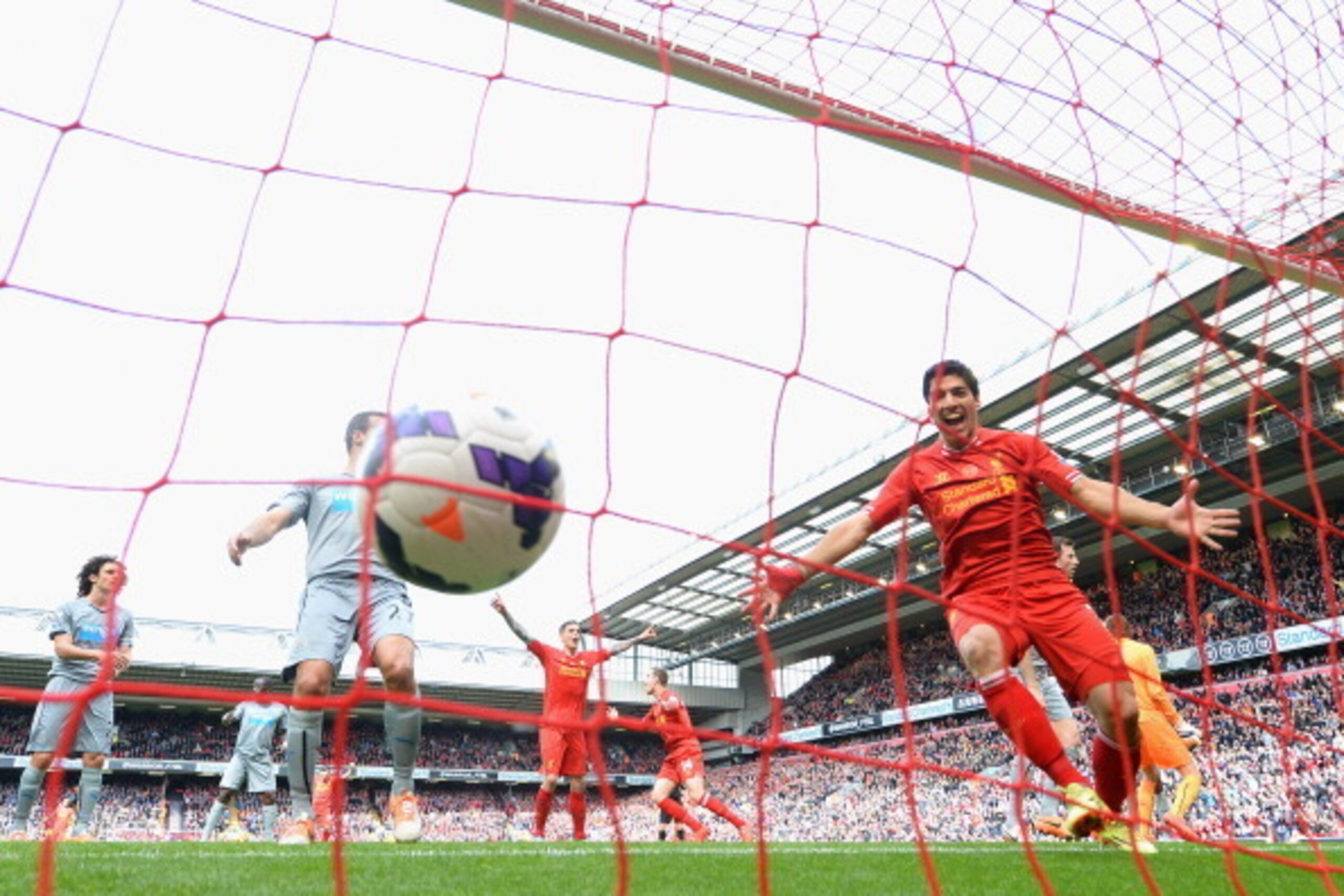 LIVERPOOL, ENGLAND - MAY 11:  Luis Suarez of Liverpool celebrates the second goal scored by Daniel Sturridge during the Barclays Premier League match between Liverpool and Newcastle United at Anfield on May 11, 2014 in Liverpool, England.  (Photo by Laure