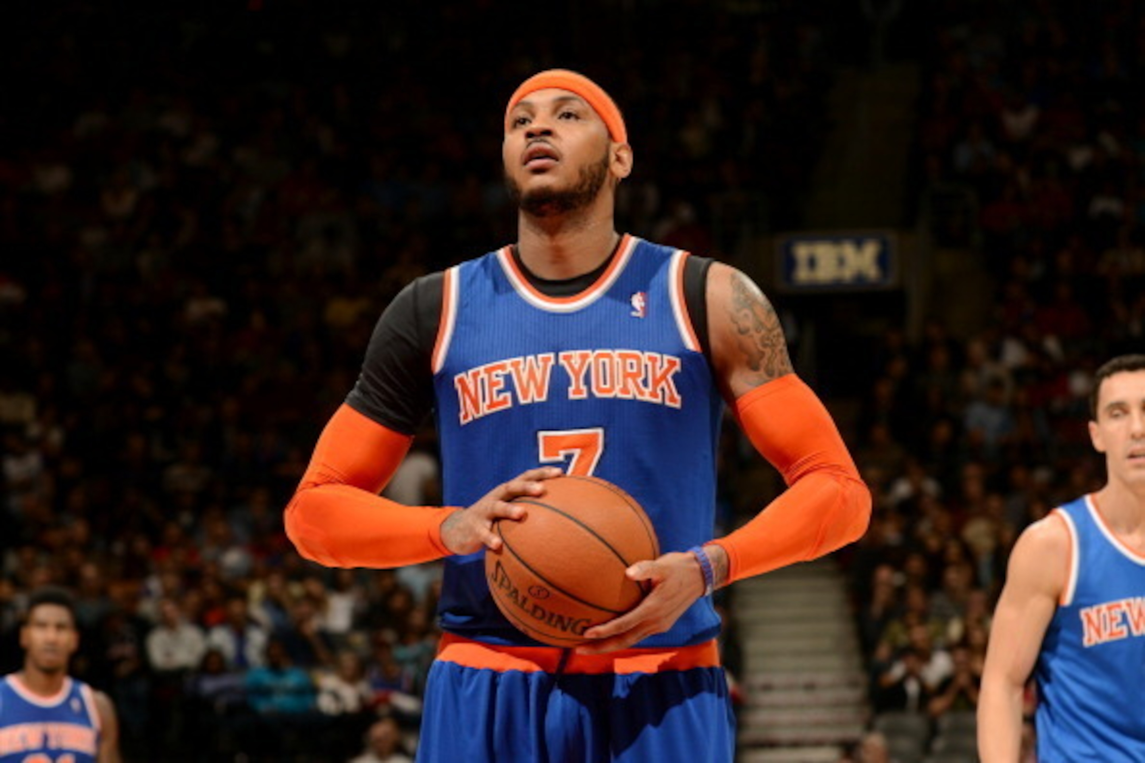 TORONTO, CANADA - April 11: Carmelo Anthony #7 of the New York Knicks attempts a free throw against the Toronto Raptors on April 11, 2014 at the Air Canada Centre in Toronto, Ontario, Canada.  NOTE TO USER: User expressly acknowledges and agrees that, by 