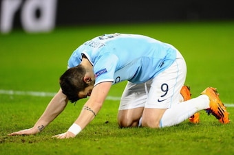 MANCHESTER, ENGLAND - FEBRUARY 18:  Alvaro Negredo of Manchester City looks dejected during the UEFA Champions League Round of 16 first leg match between Manchester City and Barcelona at the Etihad Stadium on February 18, 2014 in Manchester, England.  (Ph