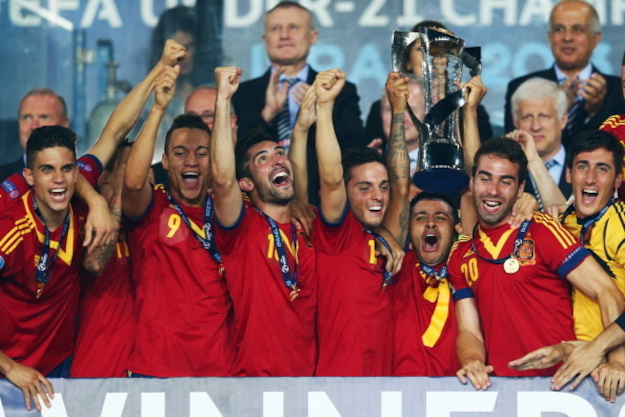 JERUSALEM, ISRAEL - JUNE 18:  Captain Thiago Alcantara of Spain lifts the trophy after winning the UEFA European U21 Championship final match against Italy at Teddy Stadium on June 18, 2013 in Jerusalem, Israel.  (Photo by Alex Grimm/Getty Images)