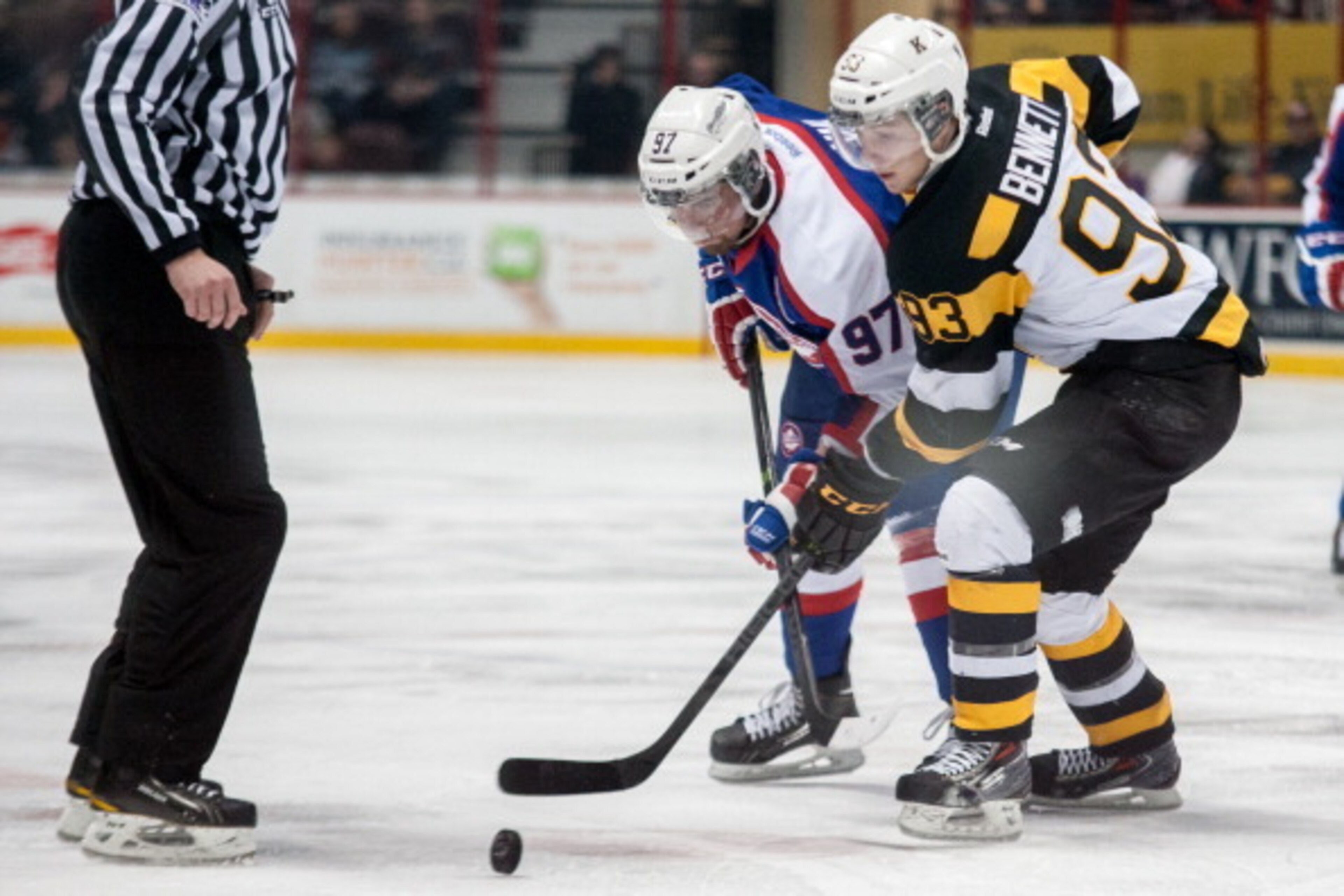 WINDSOR, ON - JANUARY 30: Sam Bennett #93 of the Kingston Frontenacs wins a faceoff against Brady Vail #97 of the Windsor Spitfires on January 30, 2014 at the WFCU Centre in Windsor, Ontario, Canada. (Photo by Dennis Pajot/Getty Images)