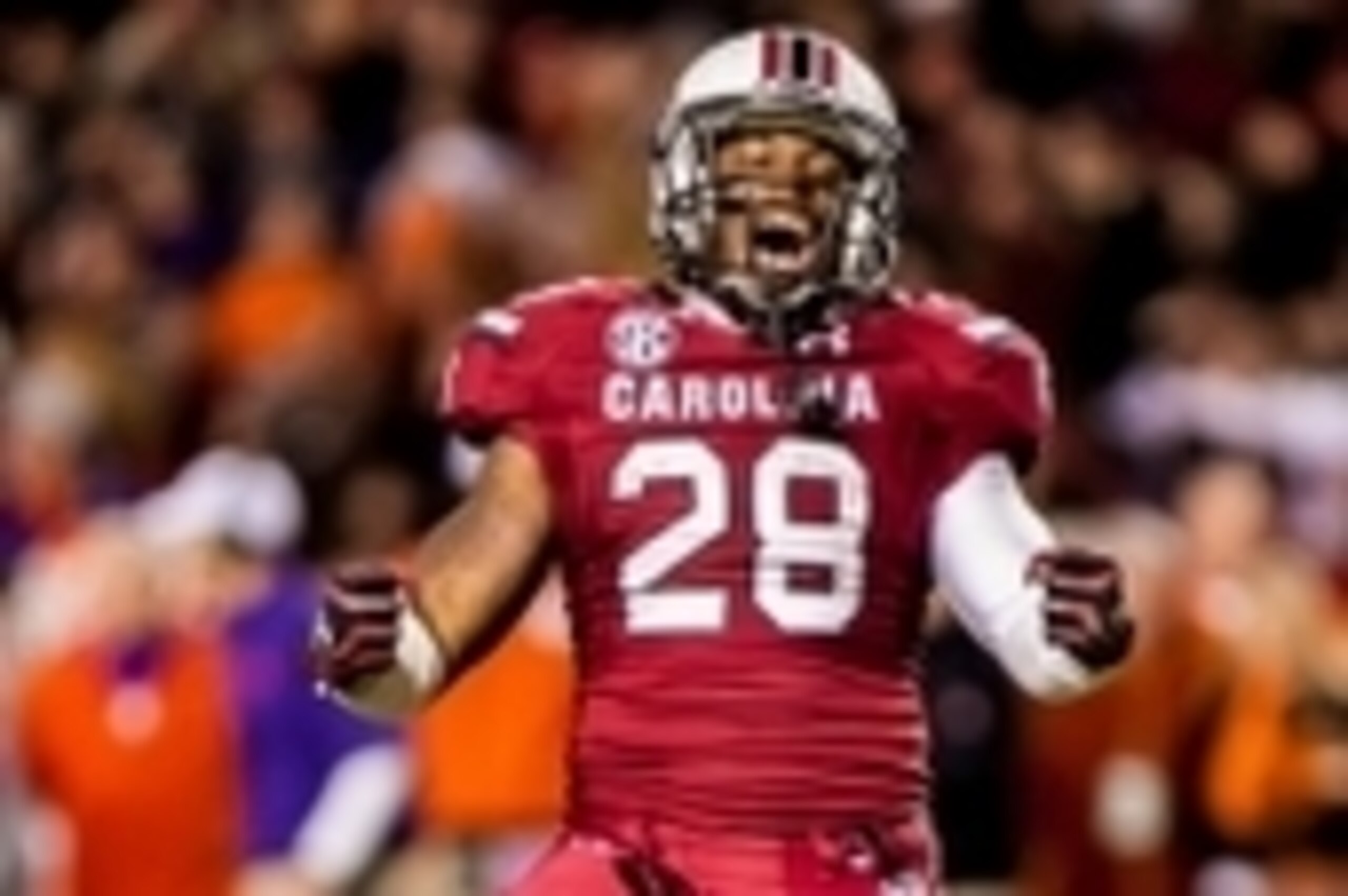 Nov 30, 2013; Columbia, SC, USA; South Carolina Gamecocks running back Mike Davis (28) celebrates his touchdown run against the Clemson Tigers in the second half at Williams-Brice Stadium. Mandatory Credit: Jeff Blake-USA TODAY Sports