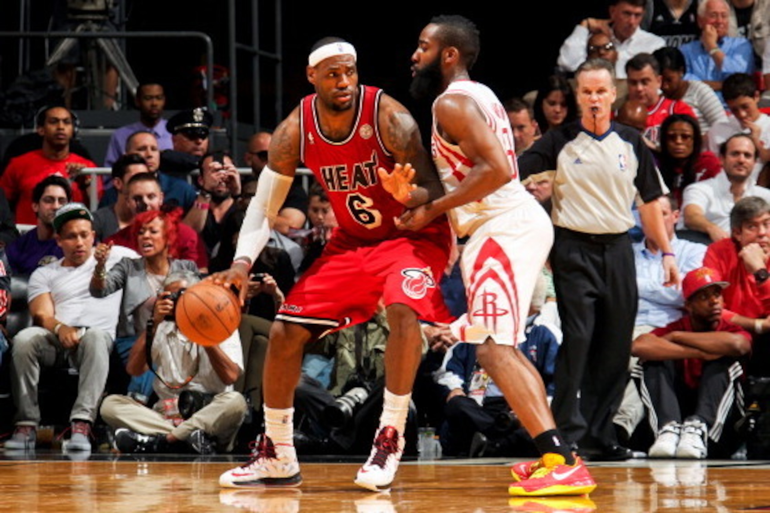 MIAMI, FL - FEBRUARY 6: LeBron James #6 of the Miami Heat posts-up against James Harden #13 of the Houston Rockets on February 6, 2013 at American Airlines Arena in Miami, Florida. NOTE TO USER: User expressly acknowledges and agrees that, by downloading 