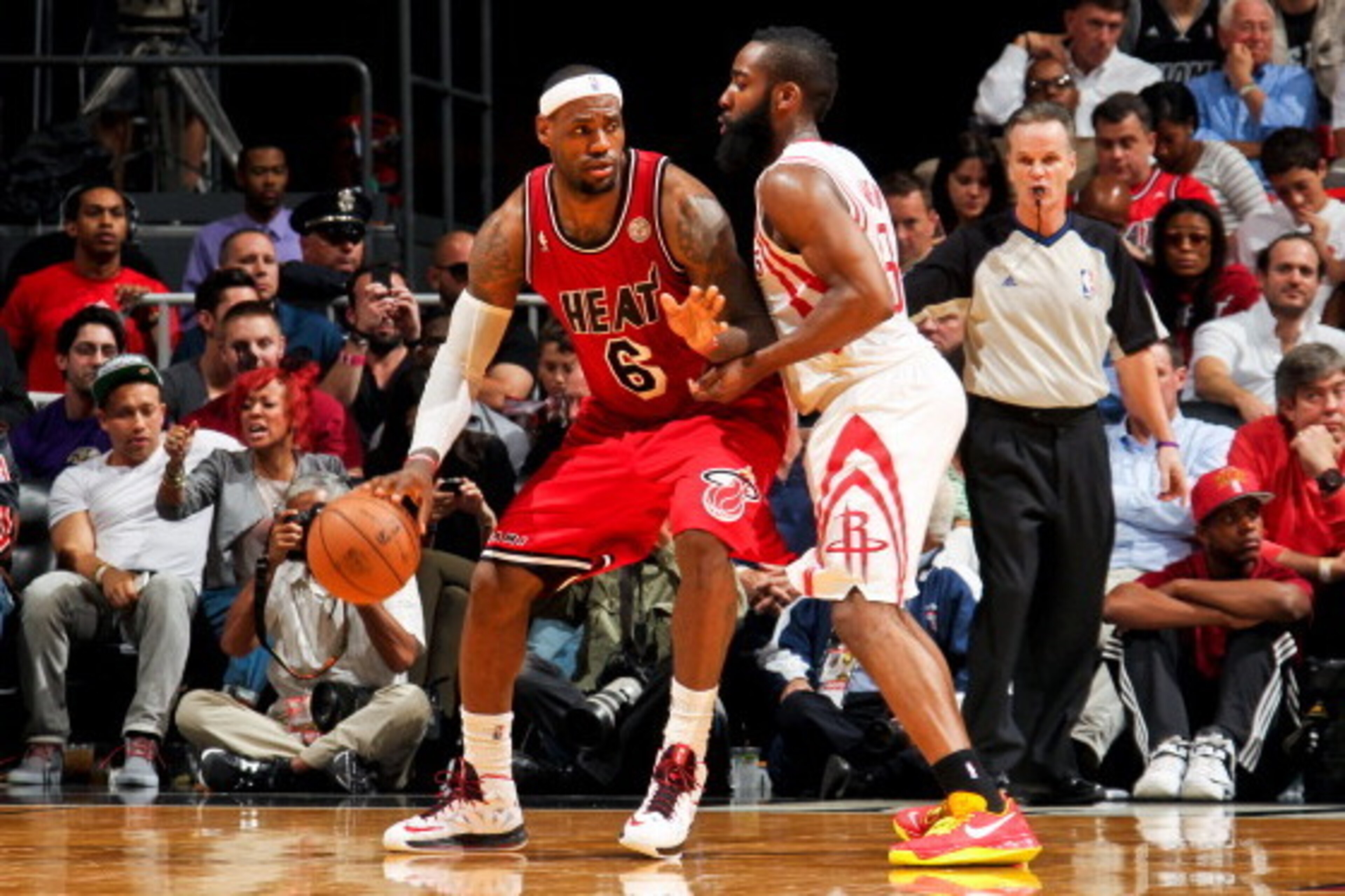 MIAMI, FL - FEBRUARY 6: LeBron James #6 of the Miami Heat posts-up against James Harden #13 of the Houston Rockets on February 6, 2013 at American Airlines Arena in Miami, Florida. NOTE TO USER: User expressly acknowledges and agrees that, by downloading 